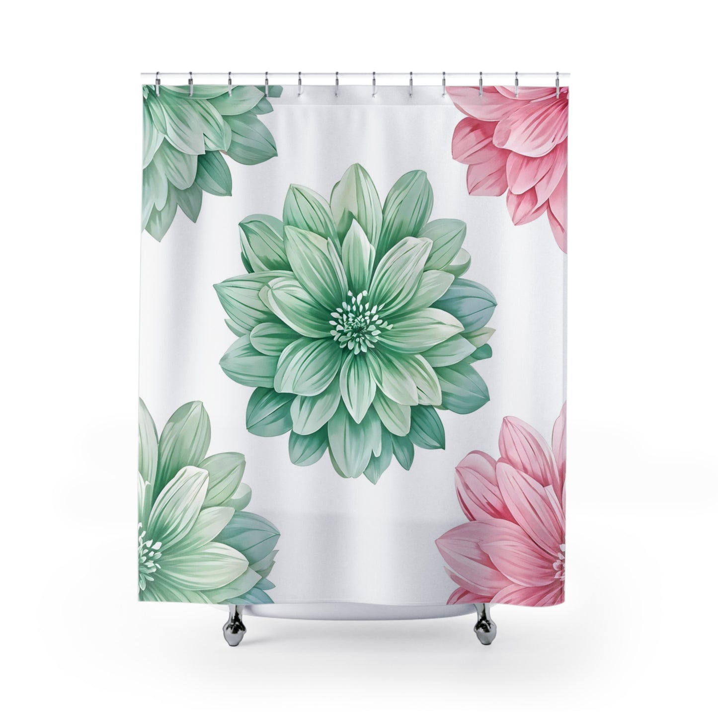 Floral Dahlia Shower Curtain — Soft Green & Pink Bathroom Decor