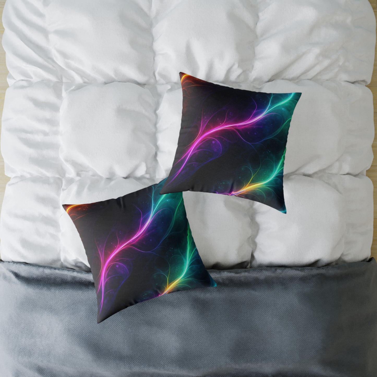 Neon Aurora Abstract Square Pillow — Vibrant Cosmic Decorative Throw Pillow
