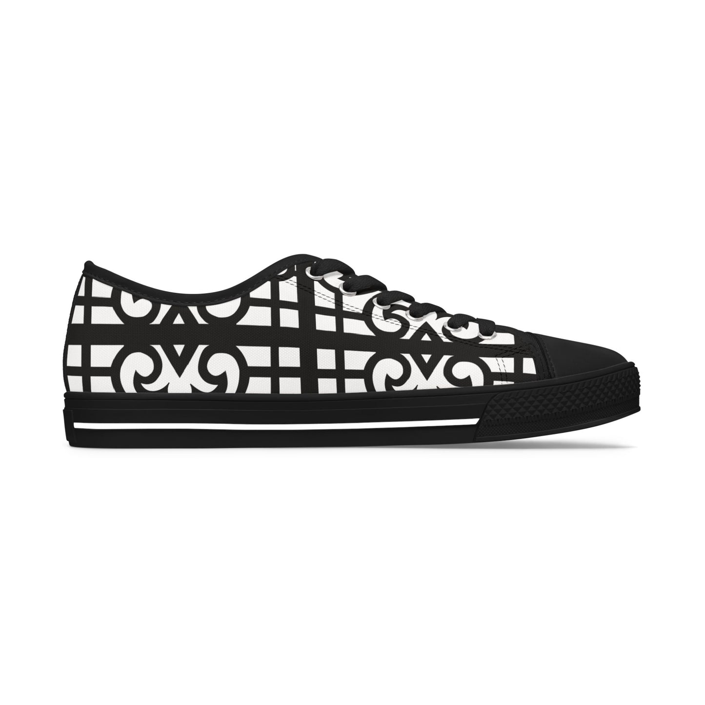 Low Top Sneakers — Black & White Geometric Lattice Pattern