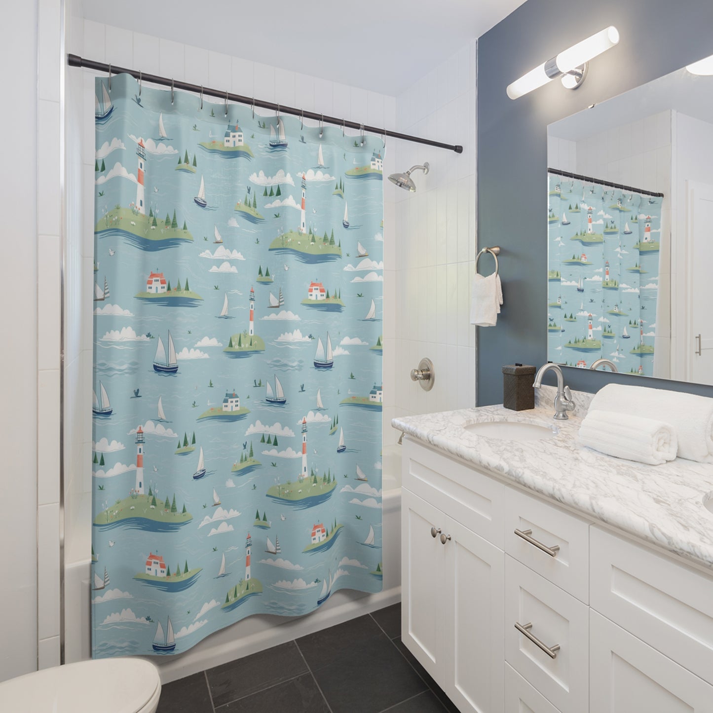 Coastal Lighthouse Shower Curtain — Nautical Island & Sailboat Bathroom Decor