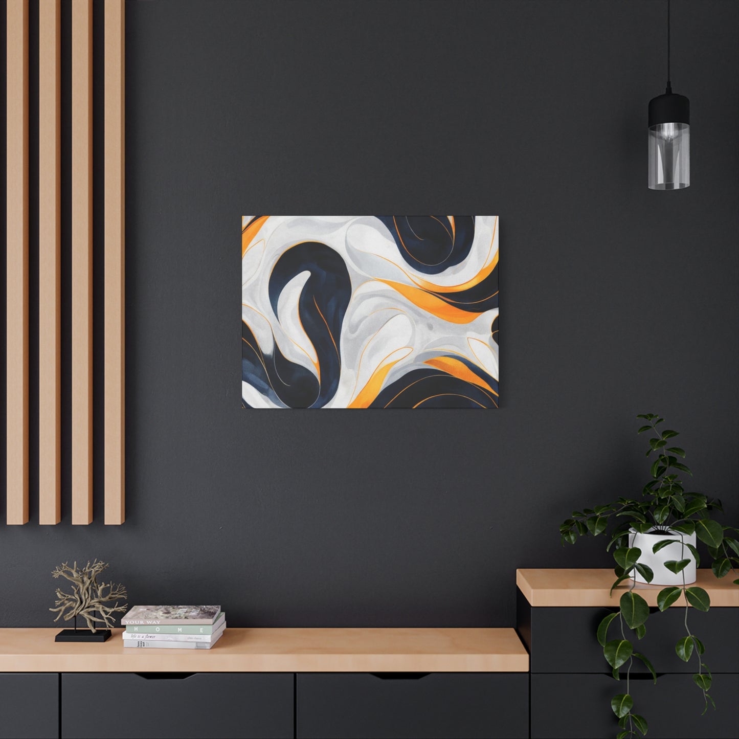 Abstract Fluid Art Matte Canvas Print — Navy, Gold & White Stretched Wall Art