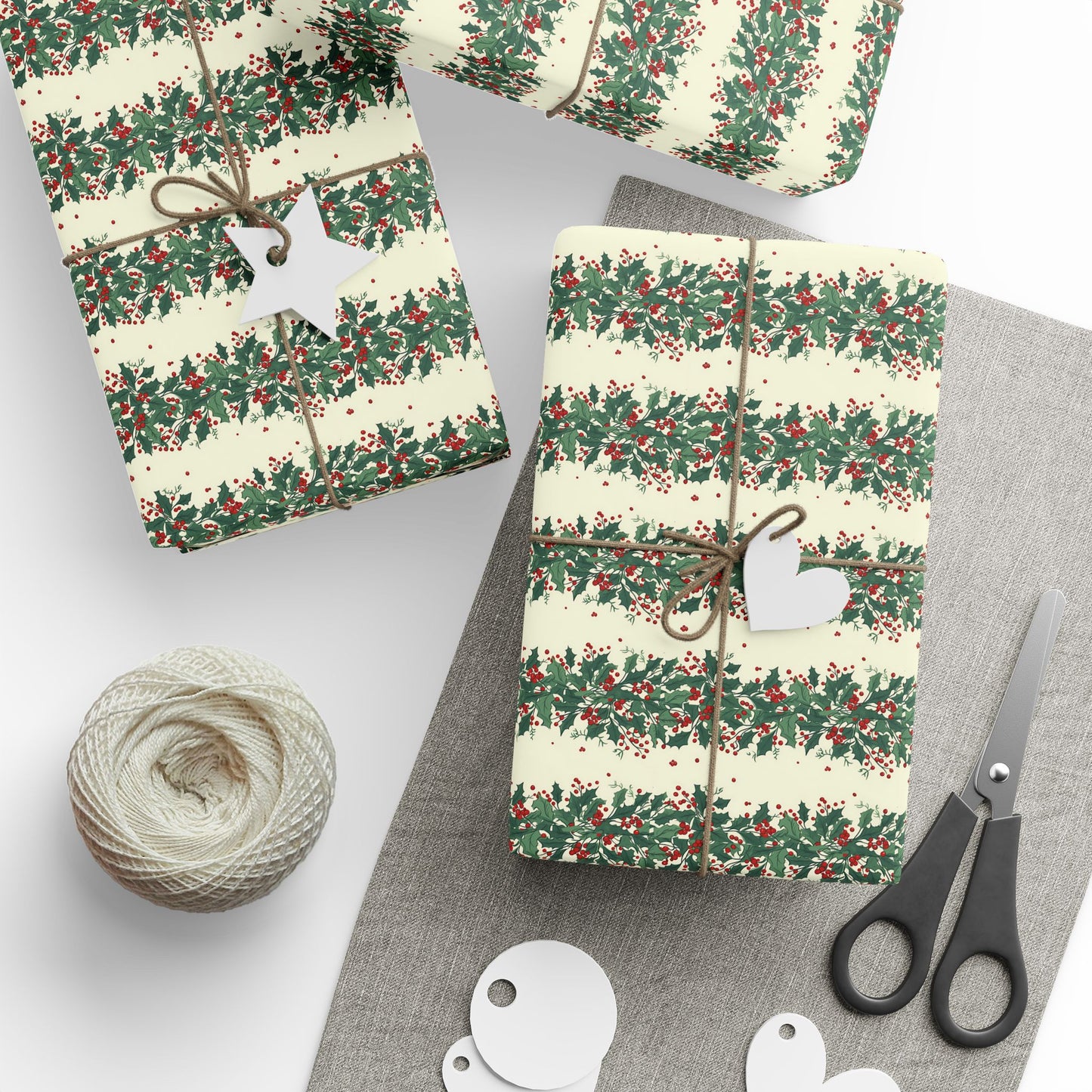 Holiday Pine Sprig Wrapping Paper Roll — Festive Green & Red Gift Wrap