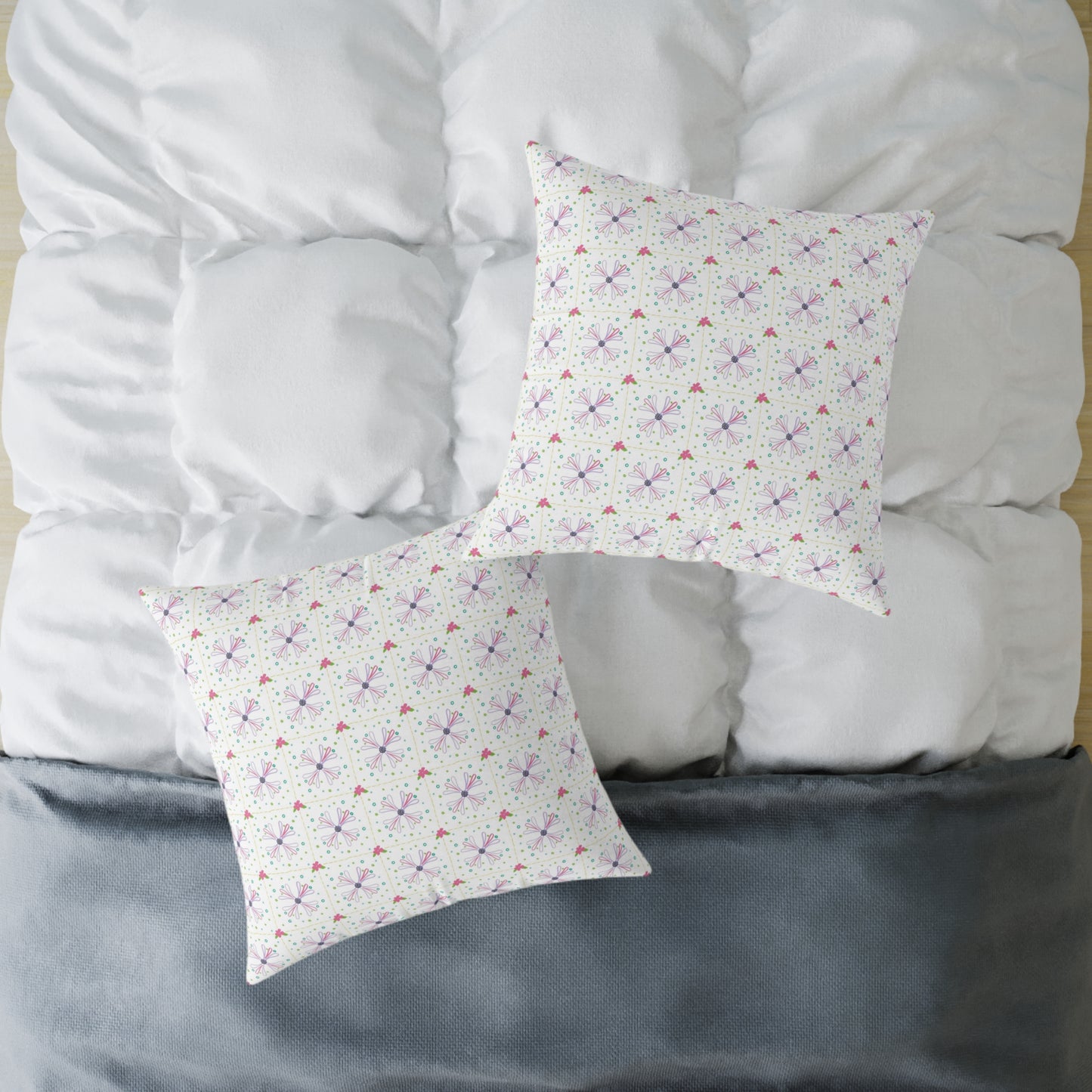 Floral Geometric Square Pillow – Pink & Lavender Patterned Throw Cushion