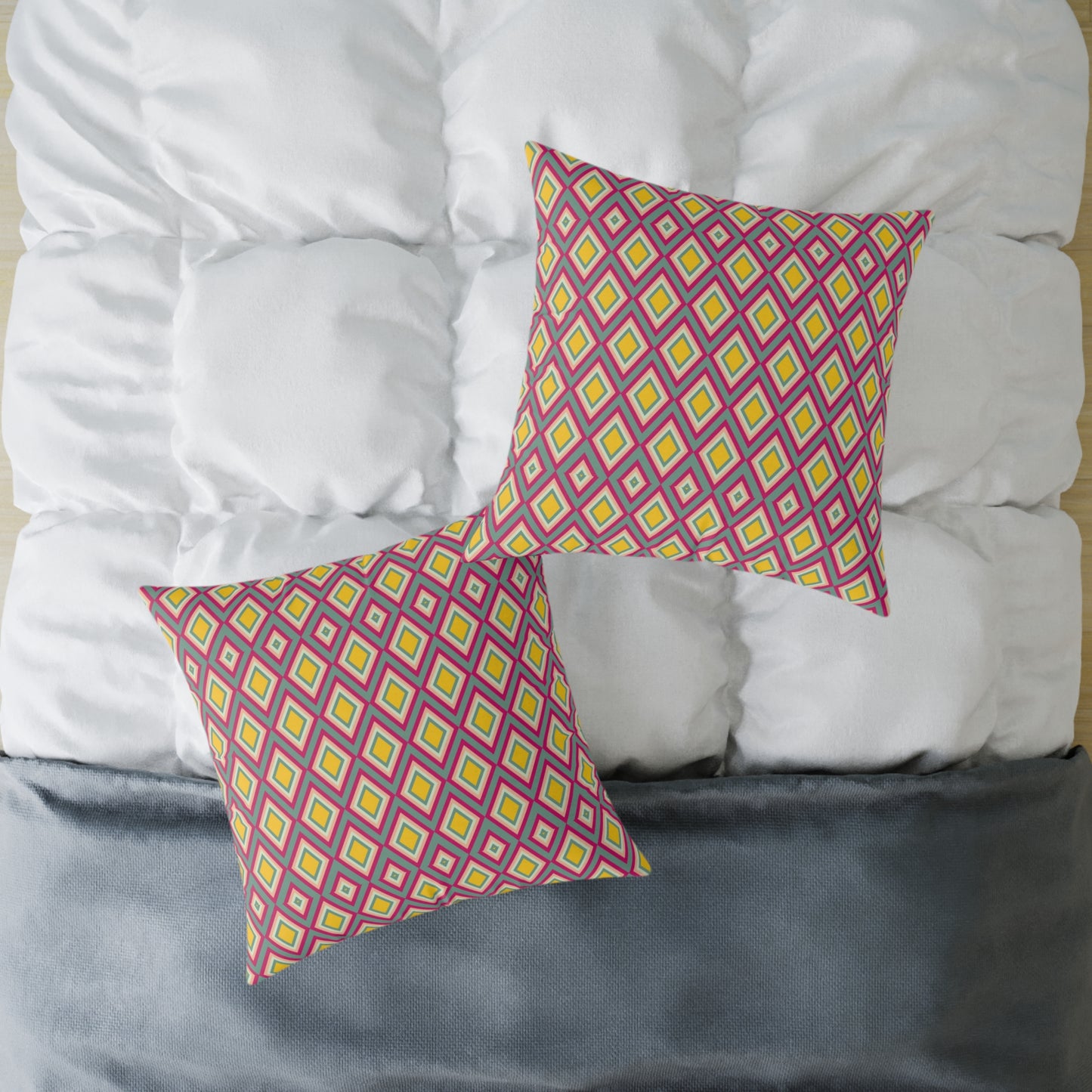 Geometric Retro Diamond Throw Pillow — Pink & Mustard Accent Cushion