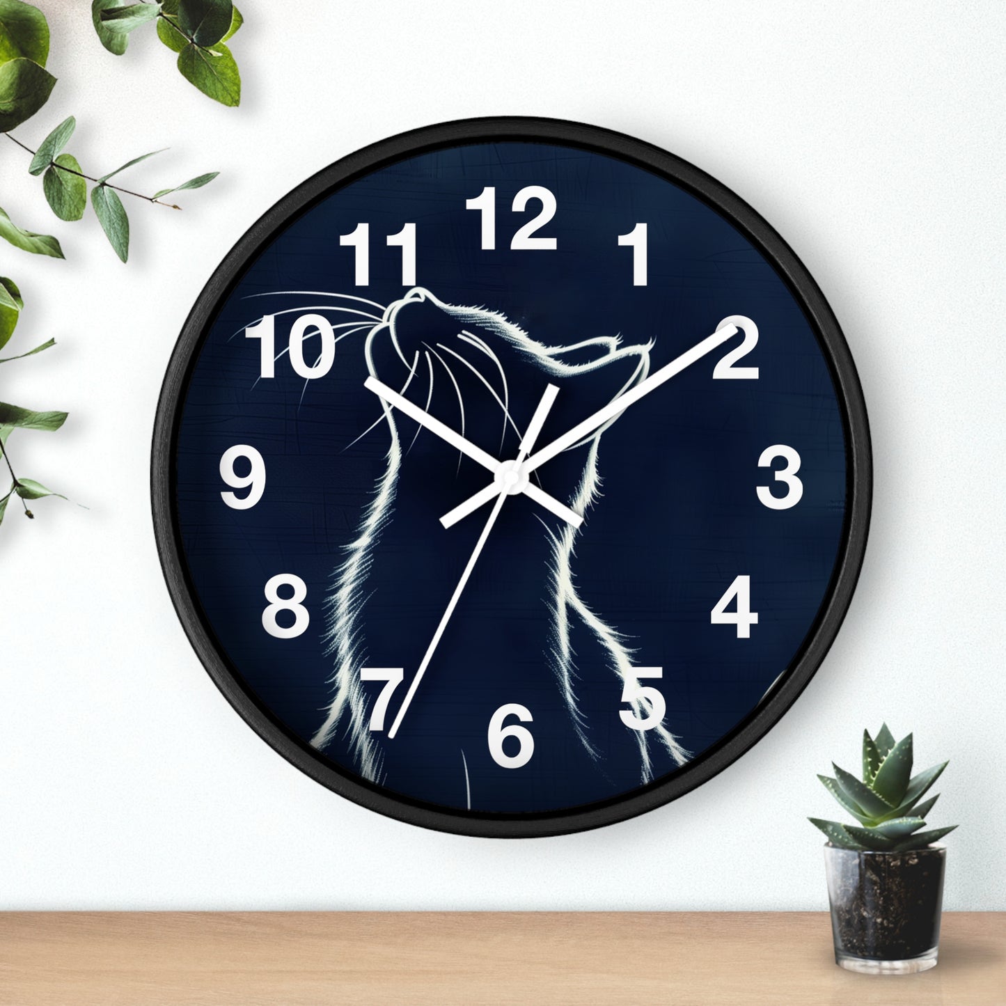 Moonlit Cat Wall Clock | Night Sky Silhouette, Minimal Numerals