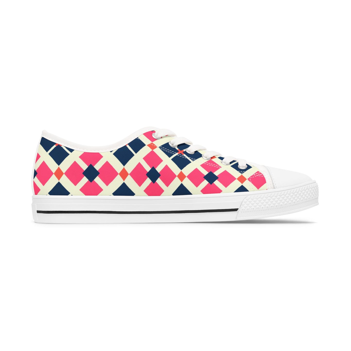 Argyle Pattern Low Top Sneakers — Pink Navy Geometric Casual Shoes