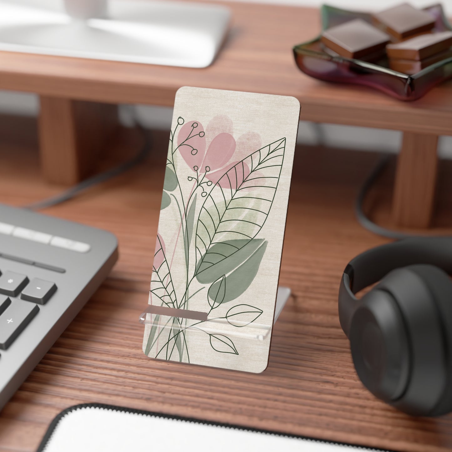 Floral Smartphone Stand, Elegant Desk Decor, Mobile Display Holder, Gift for Her, Home Office Accessory, Birthday Gift, Plant Lover Decor
