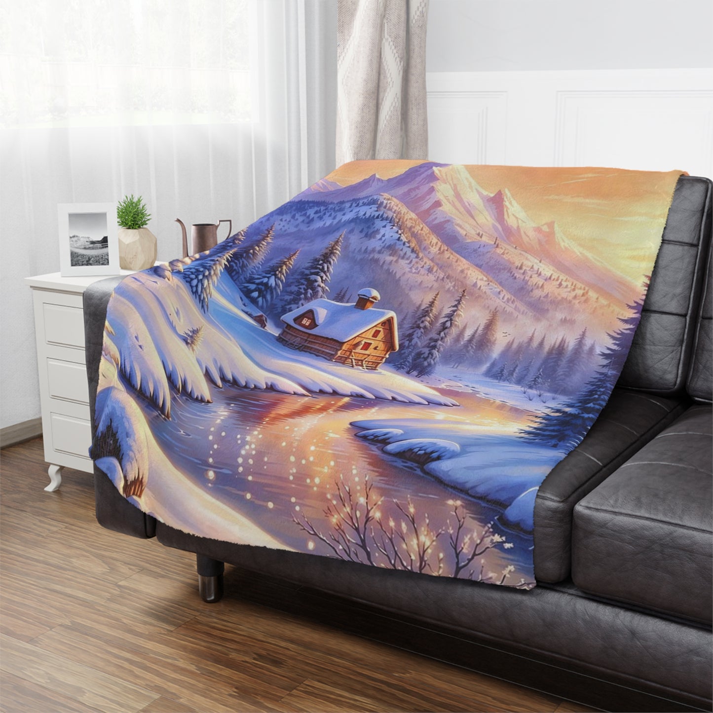 Winter Cabin Minky Blanket – Cozy Snowy Mountain Throw for Home & Holiday Décor