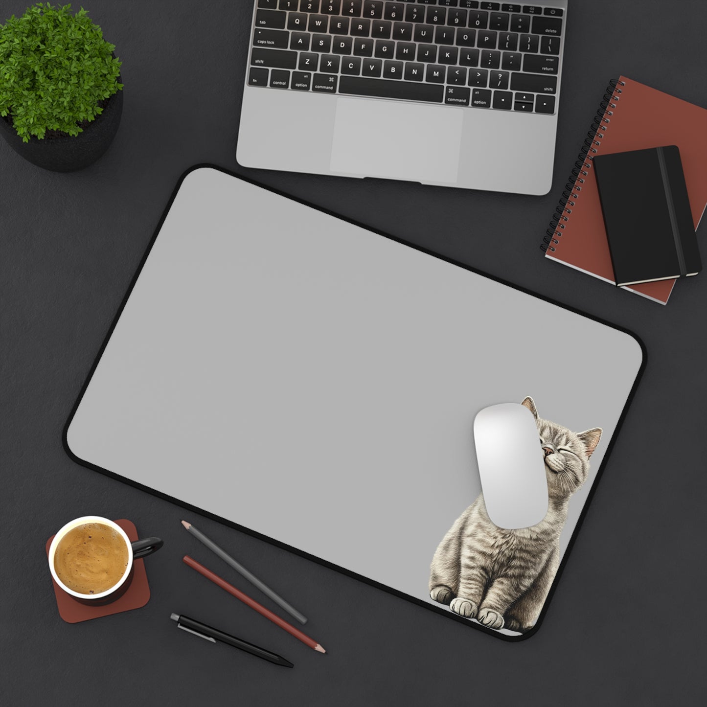 Smiling Cat Desk Mat — Cute Grey Mousepad for Home Office & Gamers