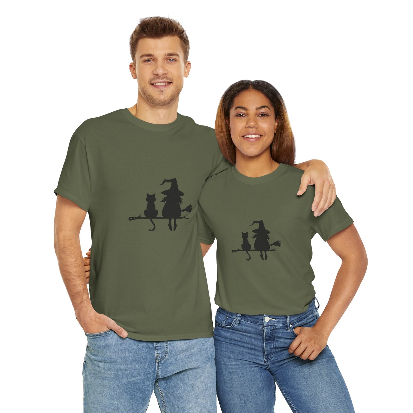 Witch and Cat Tee | Spooky Unisex Shirt for Halloween | Cute Witchwear for Cat Lovers | Fall Wardrobe Essential | Gift for Magical Friends
