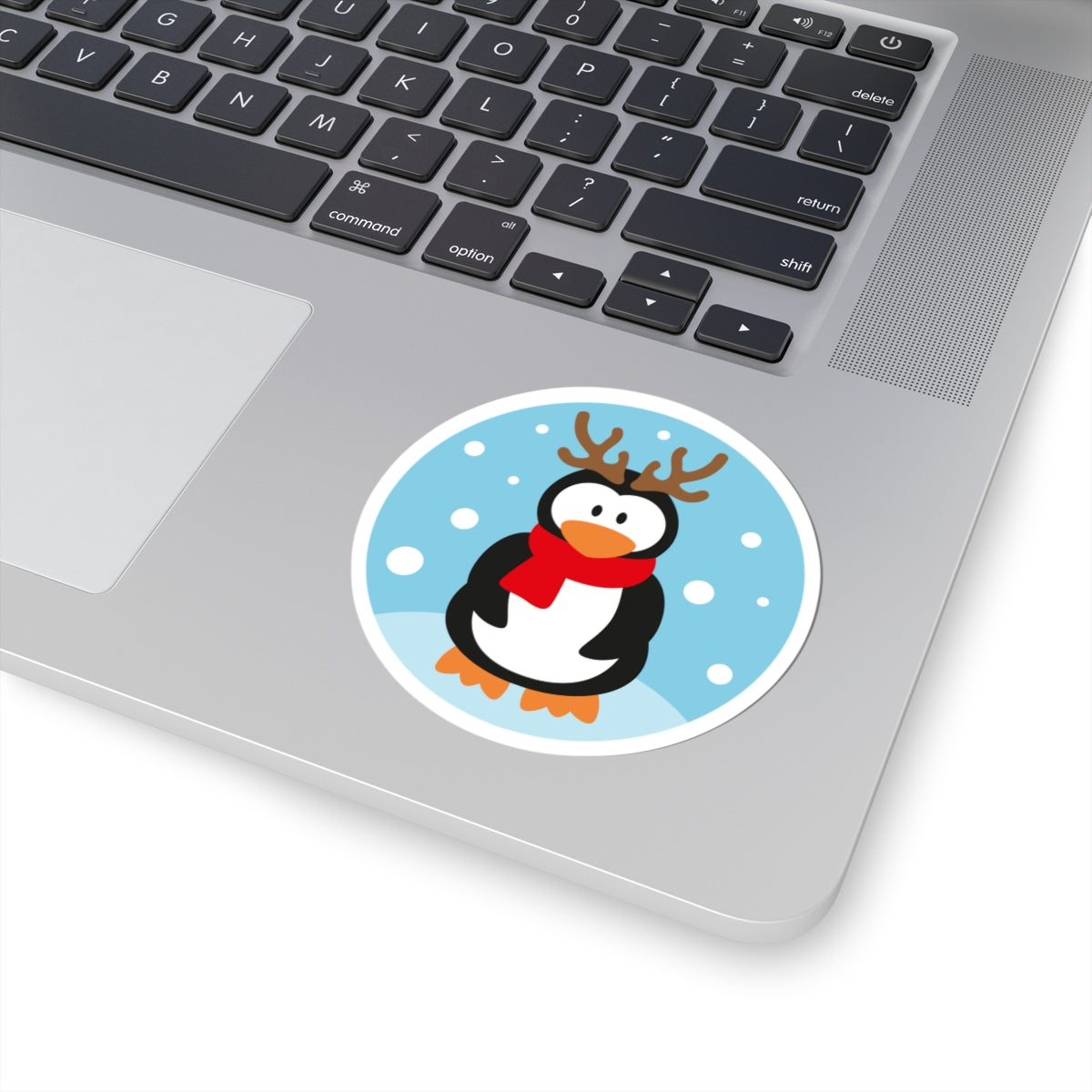 Cute Penguin with Reindeer Antlers Kiss-Cut Sticker — Winter Holiday Snow Scene