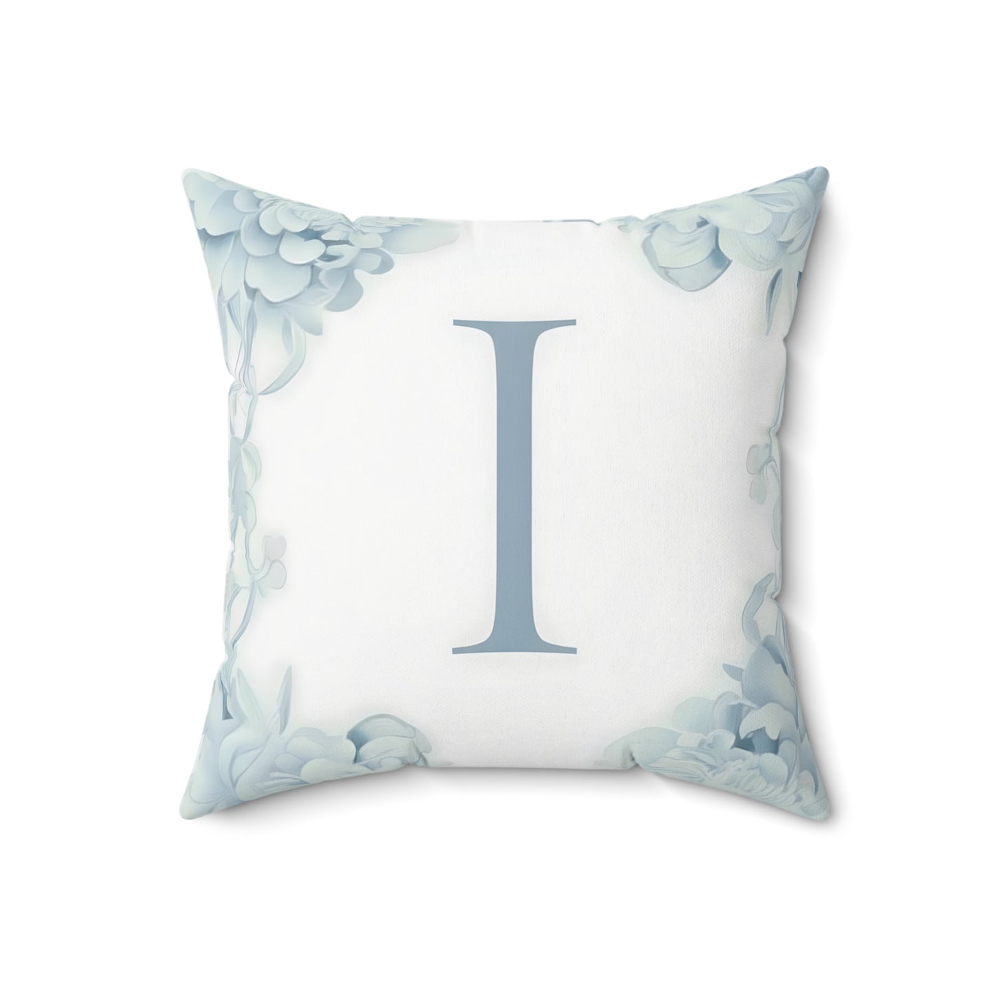 Monogram 'I' Floral Throw Pillow — Soft Blue Initial Accent Pillow
