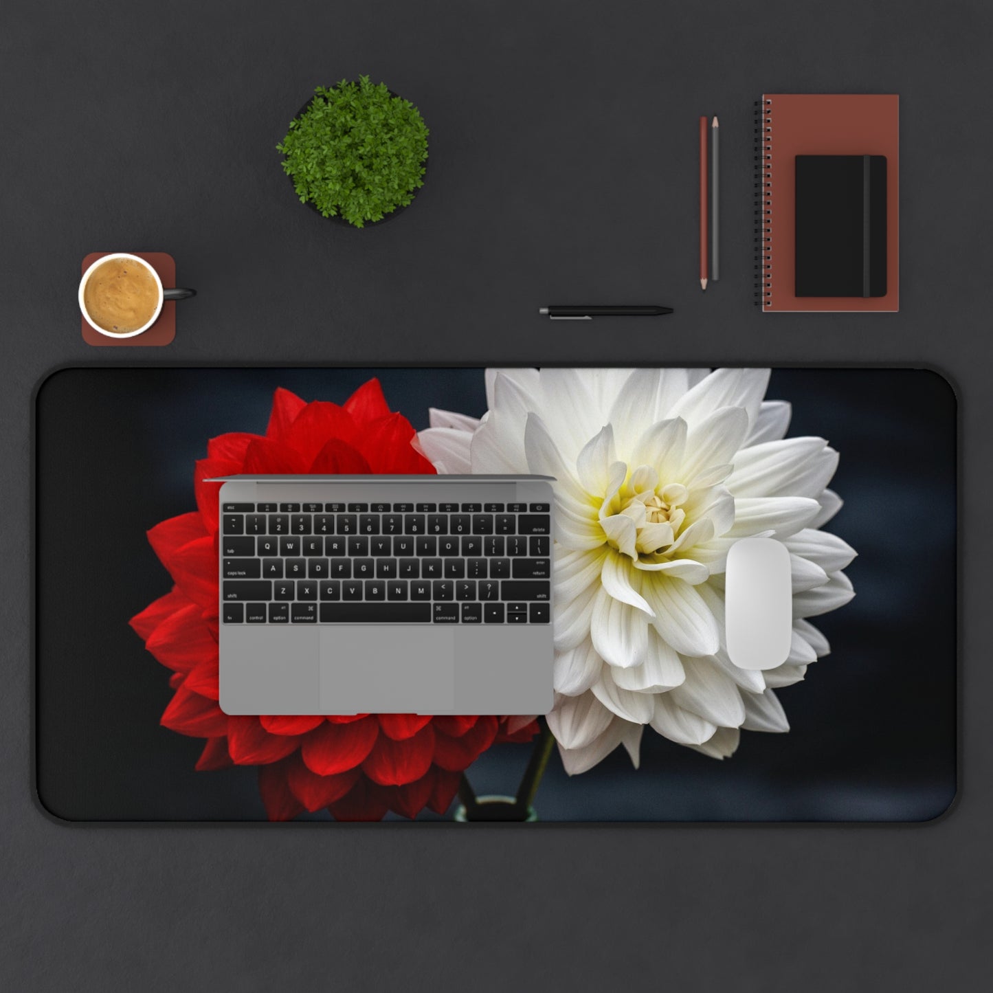 Dahlia Duo Desk Mat — Red & White Floral Mouse Pad