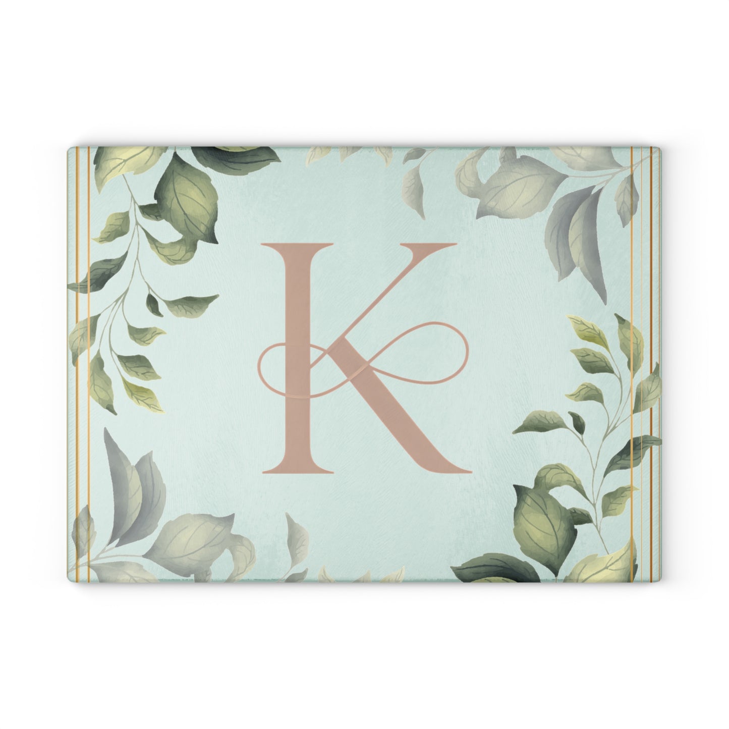 Monogram K Glass Cutting Board — Botanical Greenery Initial Kitchen Serving Board