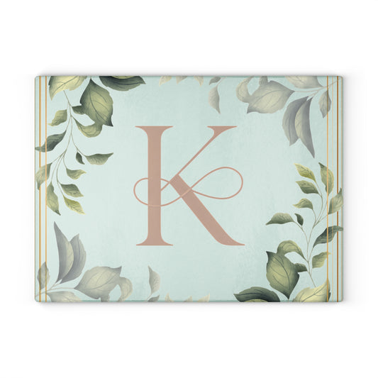 Monogram K Glass Cutting Board — Botanical Greenery Initial Kitchen Serving Board