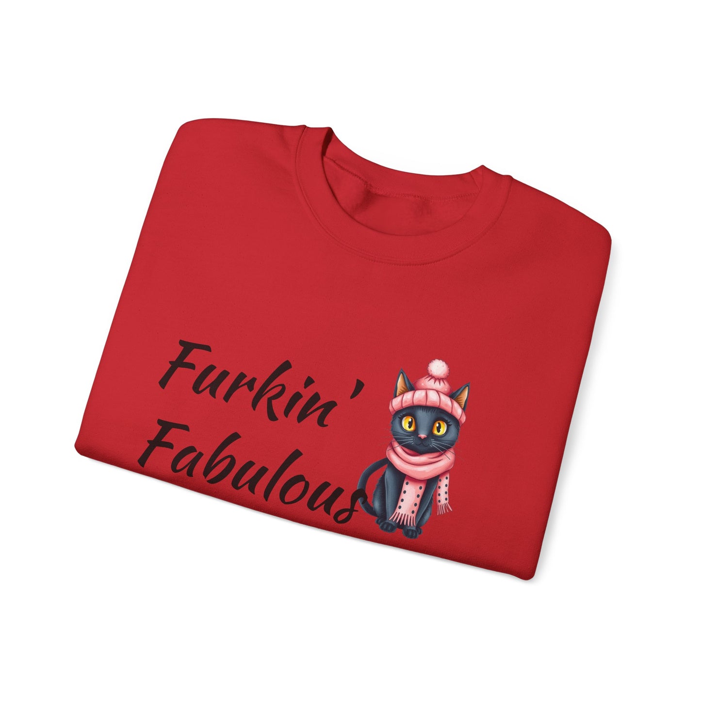 Crewneck Sweatshirt — "Furkin' Fabulous" Cute Black Cat in Pink Hat & Scarf