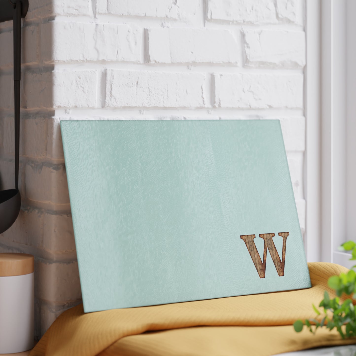 Monogram Glass Cutting Board — Mint or Clear Tempered Glass with Wood 'W' Initial