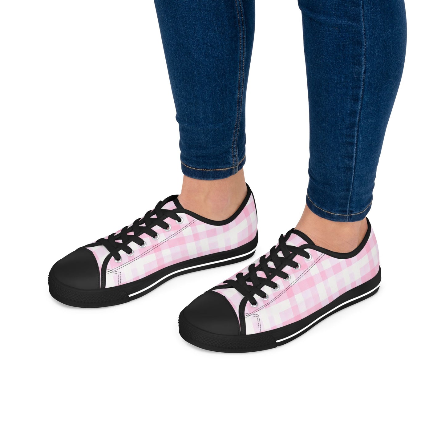 Pink Gingham Low Top Sneakers - Women's Casual Canvas Shoes