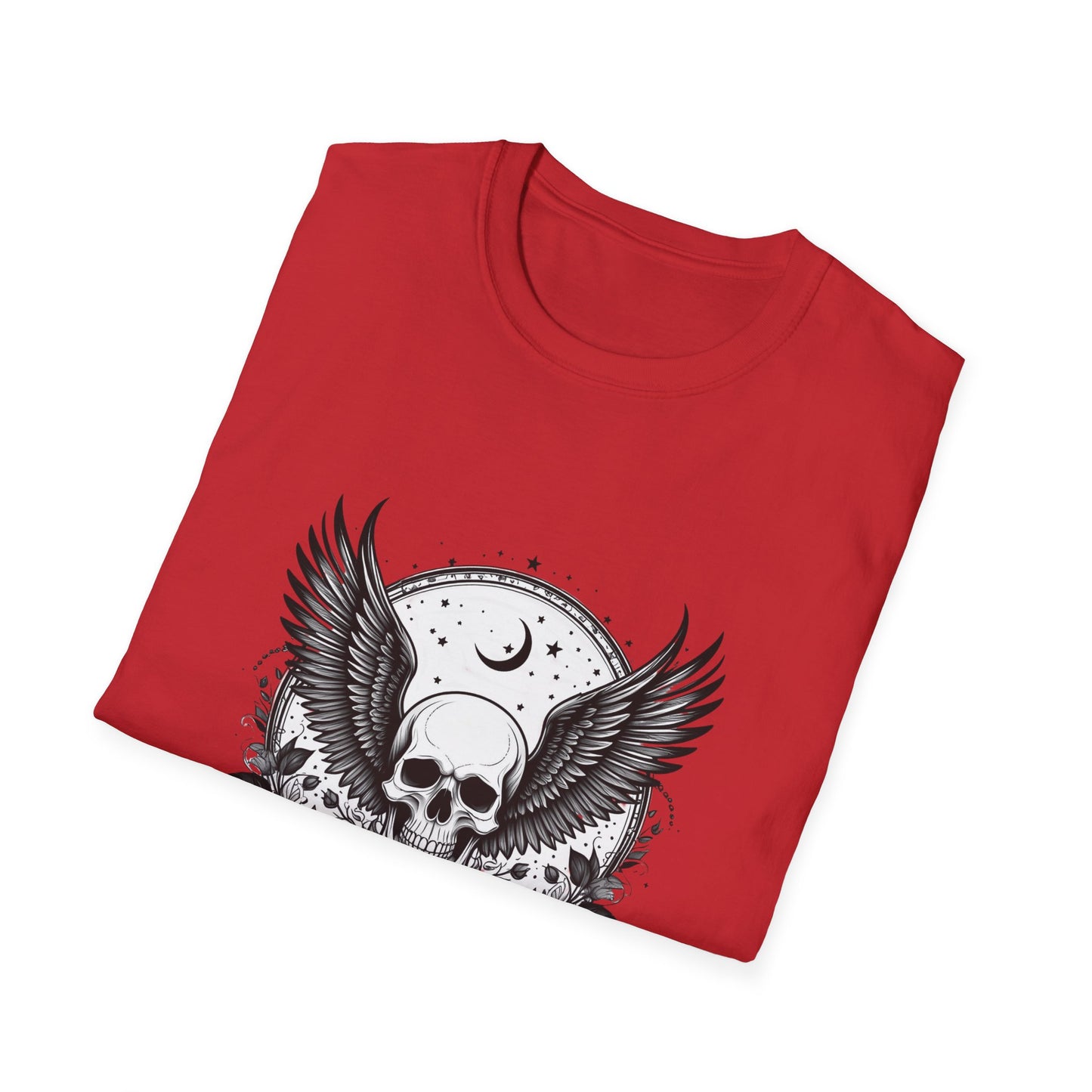 Skull Wings T‑Shirt – Crescent Moon & Red Roses Gothic Graphic Tee