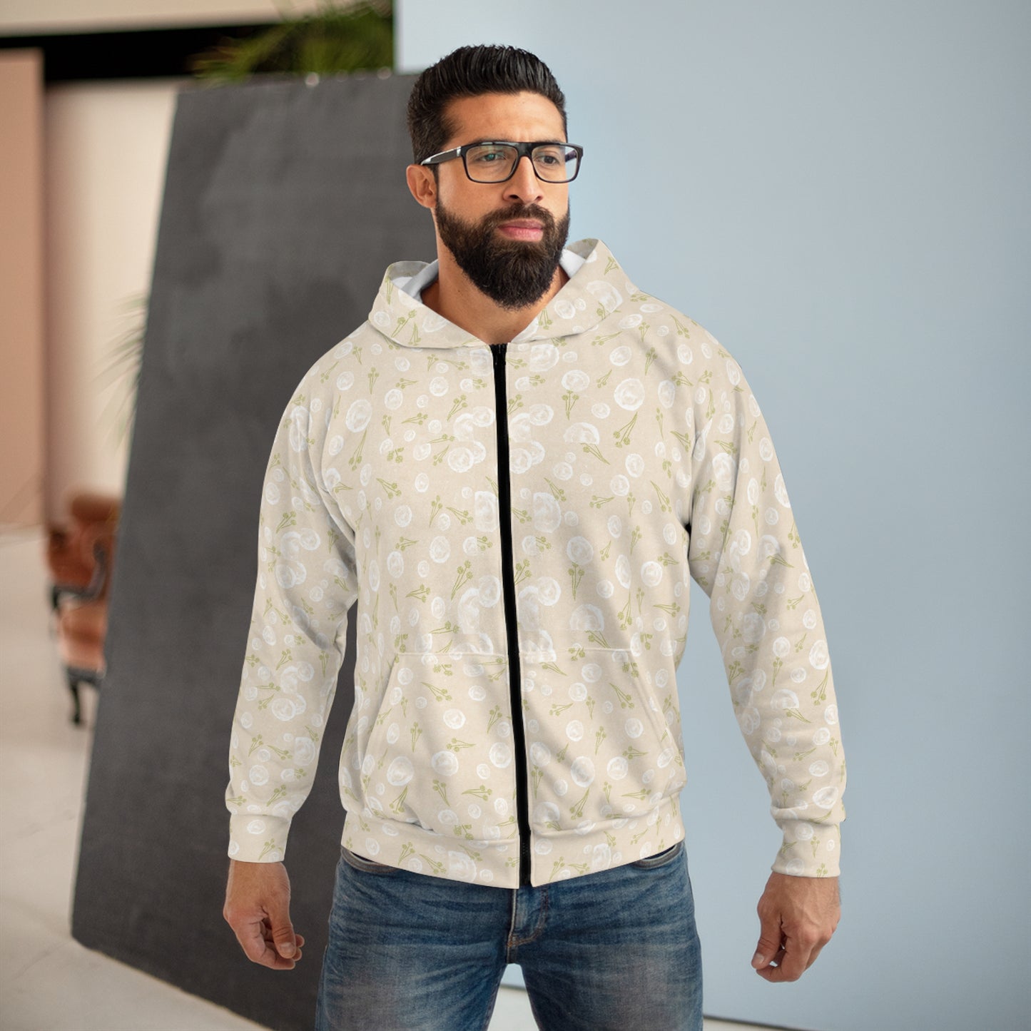 Floral Patterned Unisex Zip Hoodie