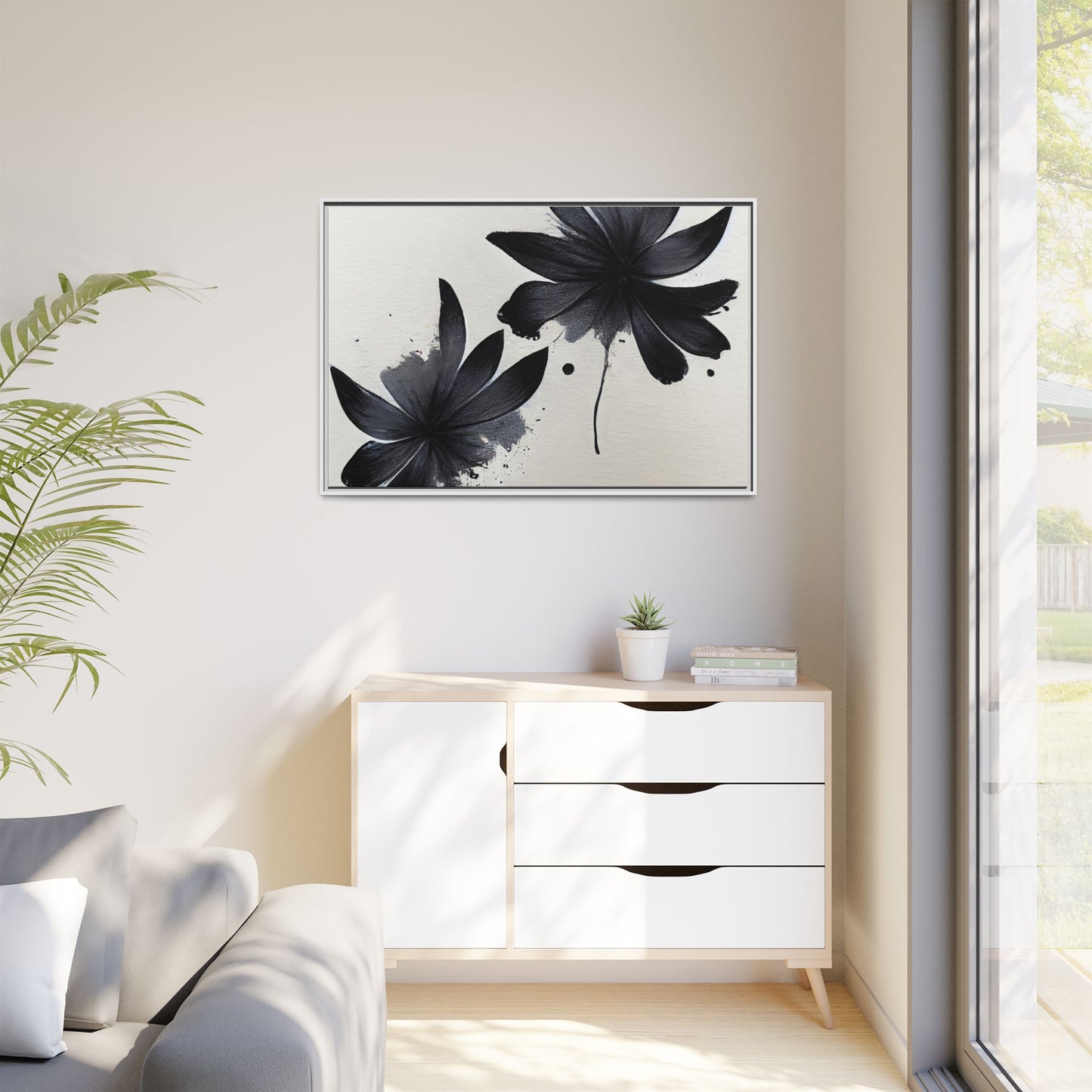 Framed Black Floral Matte Canvas Wall Art — Monochrome Botanical Print