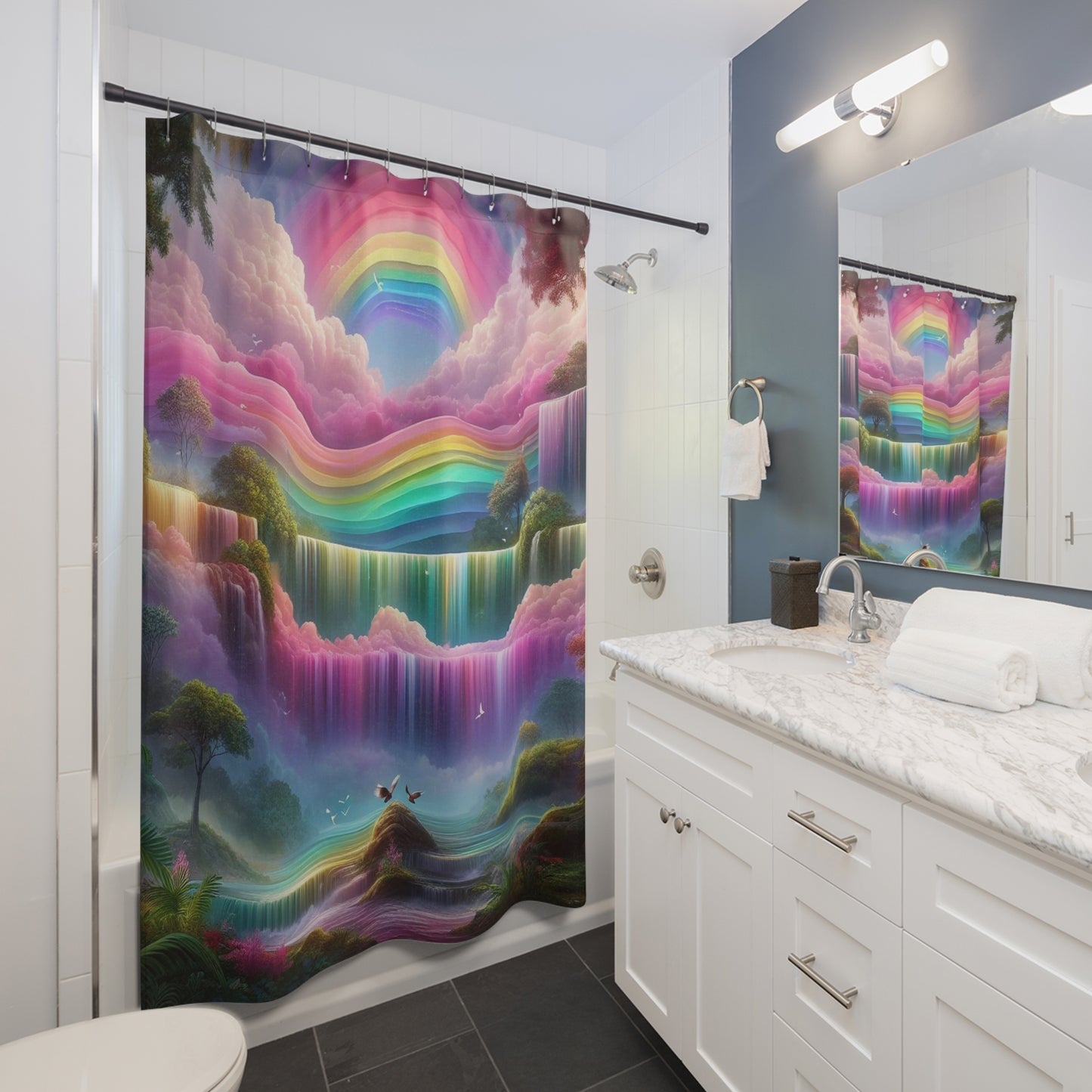Rainbow Waterfall Shower Curtain — Dreamy Pastel Bathroom Decor
