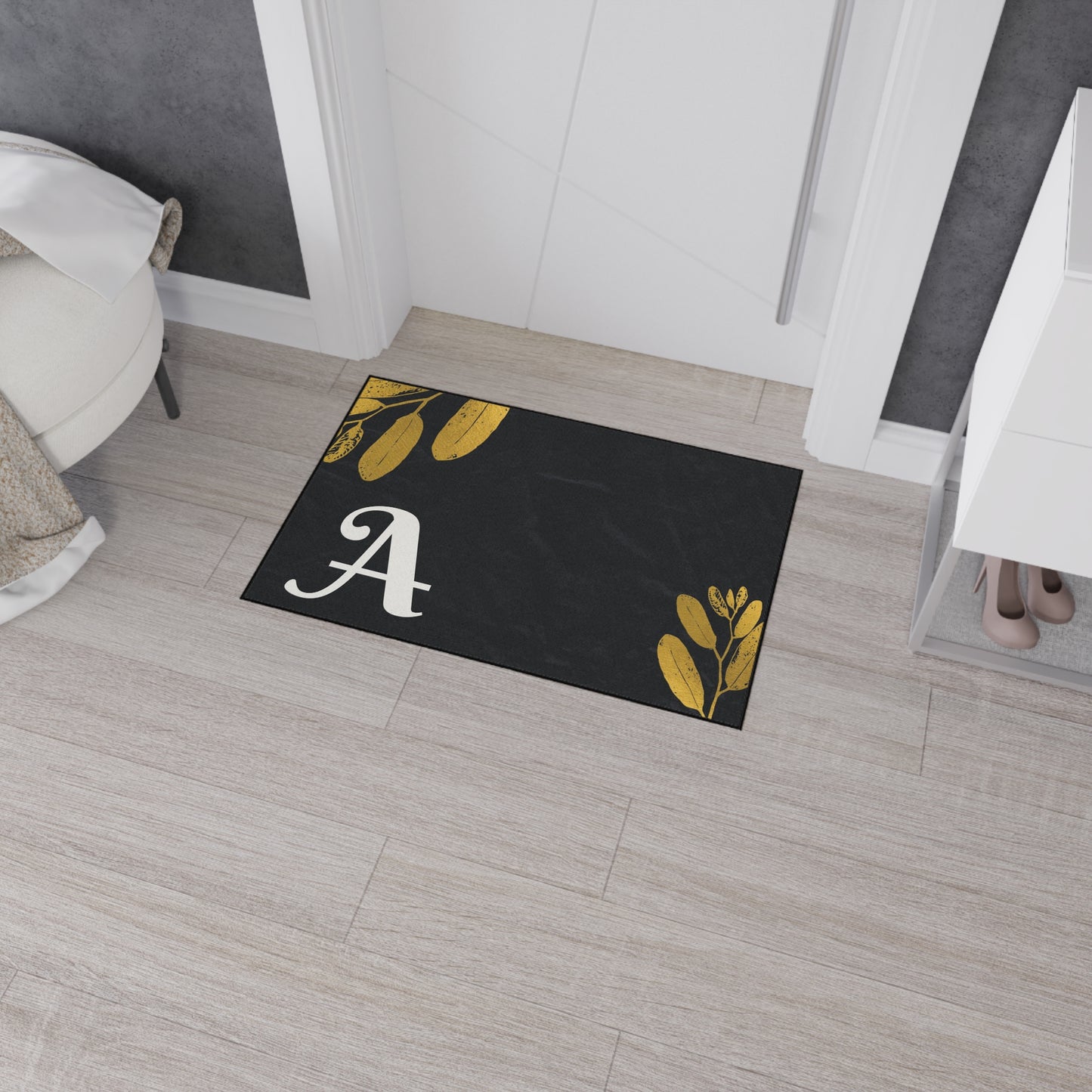 Monogram A Heavy Duty Floor Mat — Black & Gold Botanical Doormat