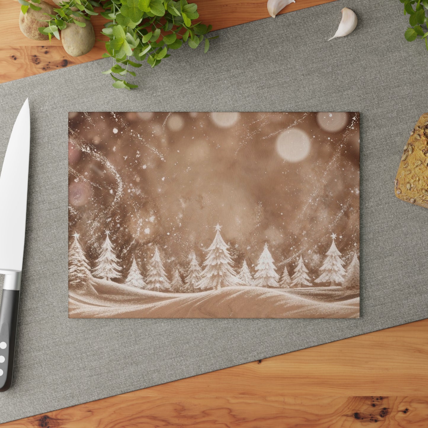 Winter Wonderland Glass Cutting Board – Snowy Pine Trees Holiday Kitchen Decor