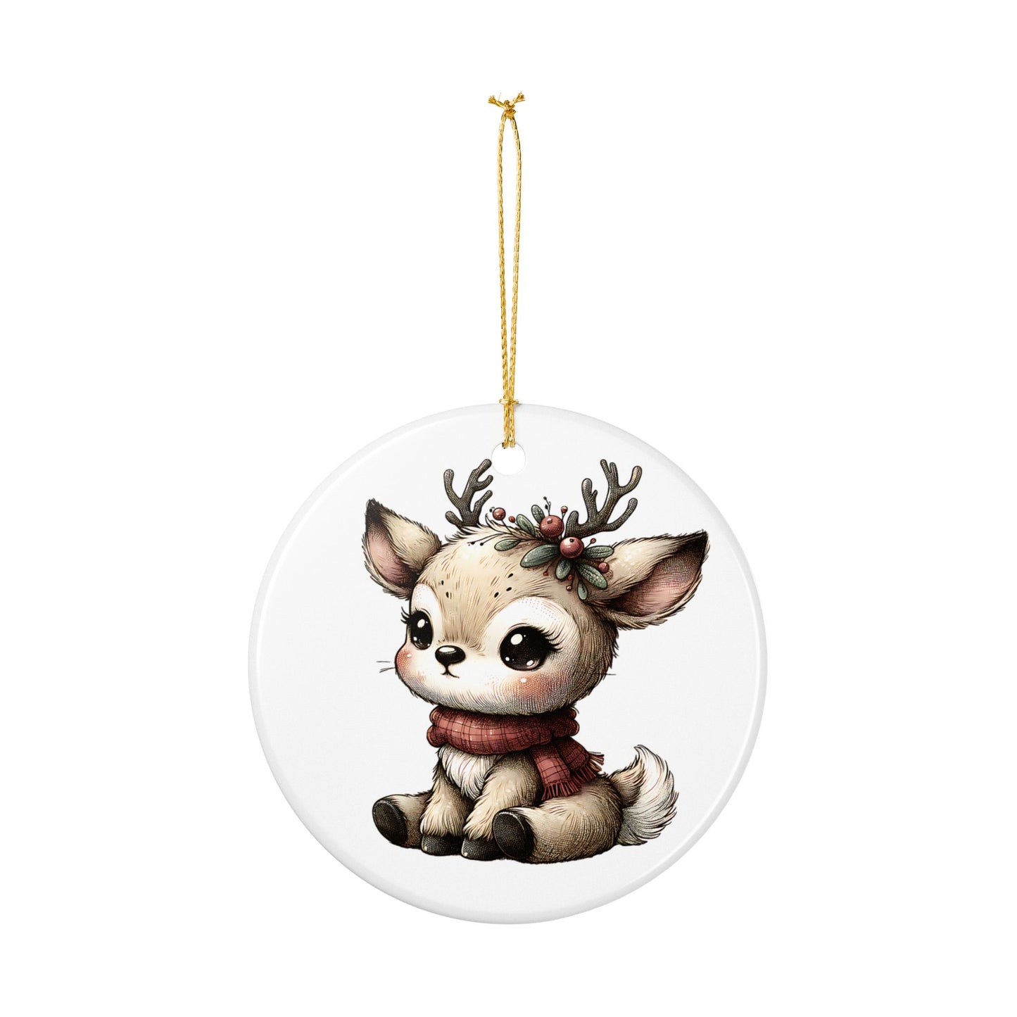 Cute Baby Reindeer Ceramic Ornament – Two-Sided Holiday Tree Decoration