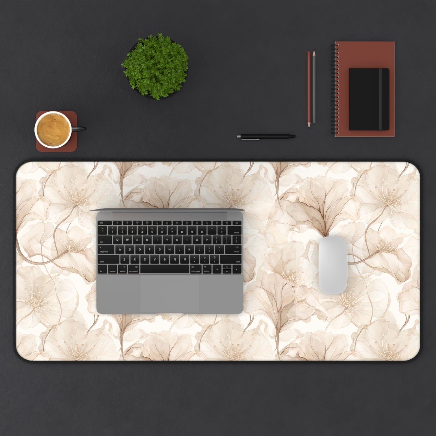 Floral Beige Desk Mat — Neutral Watercolor Ginkgo Mousepad