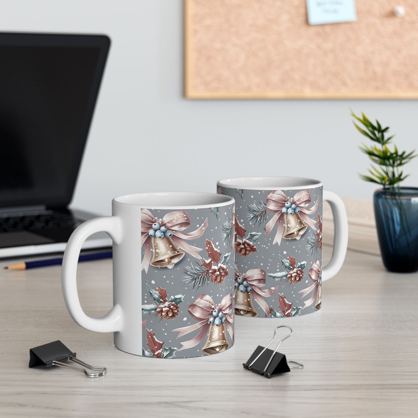 Festive Holiday Ceramic Mug, Christmas Gift, Winter Decor, Bell Design, Cozy Coffee Cup, Seasonal Beverage Container