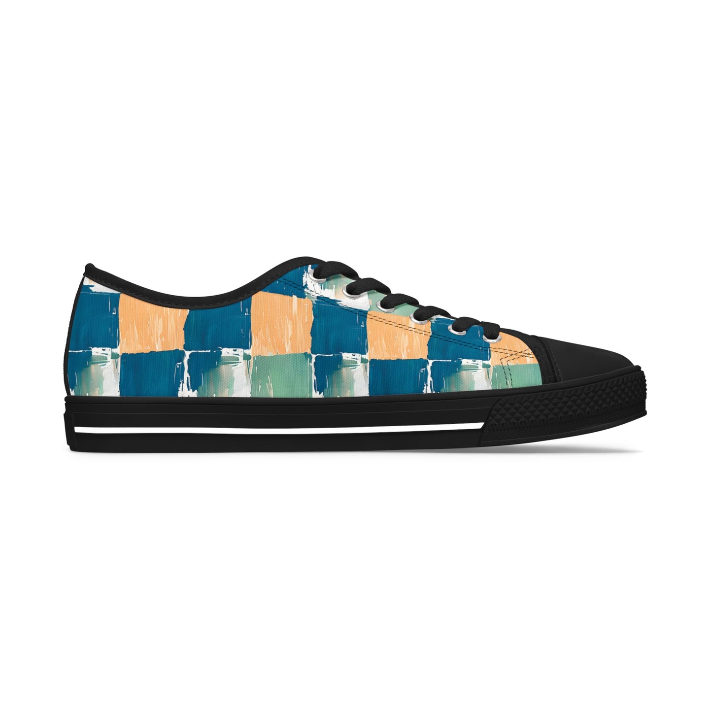 Canvas Sneakers — Hand-Painted Checkerboard in Teal, Orange & Mint