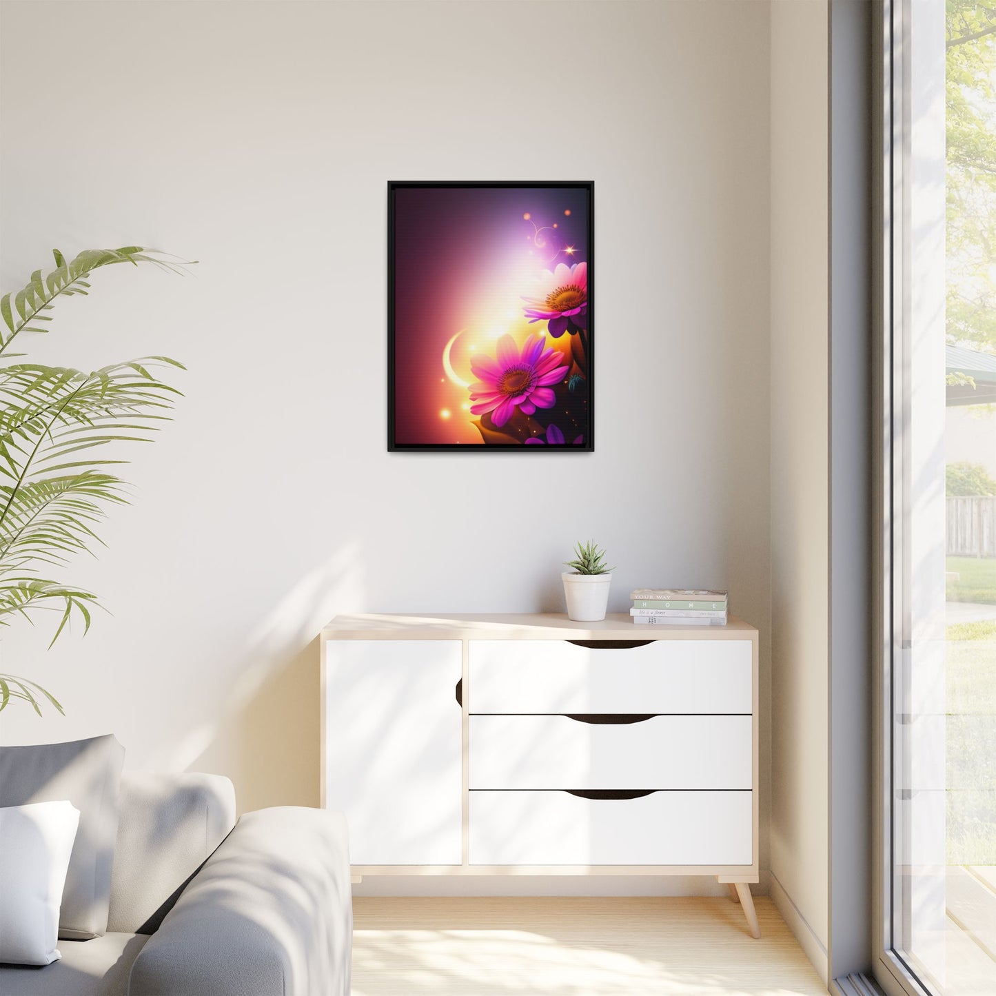 Framed Floral Canvas Art — Pink Daisies Sunset Wall Print