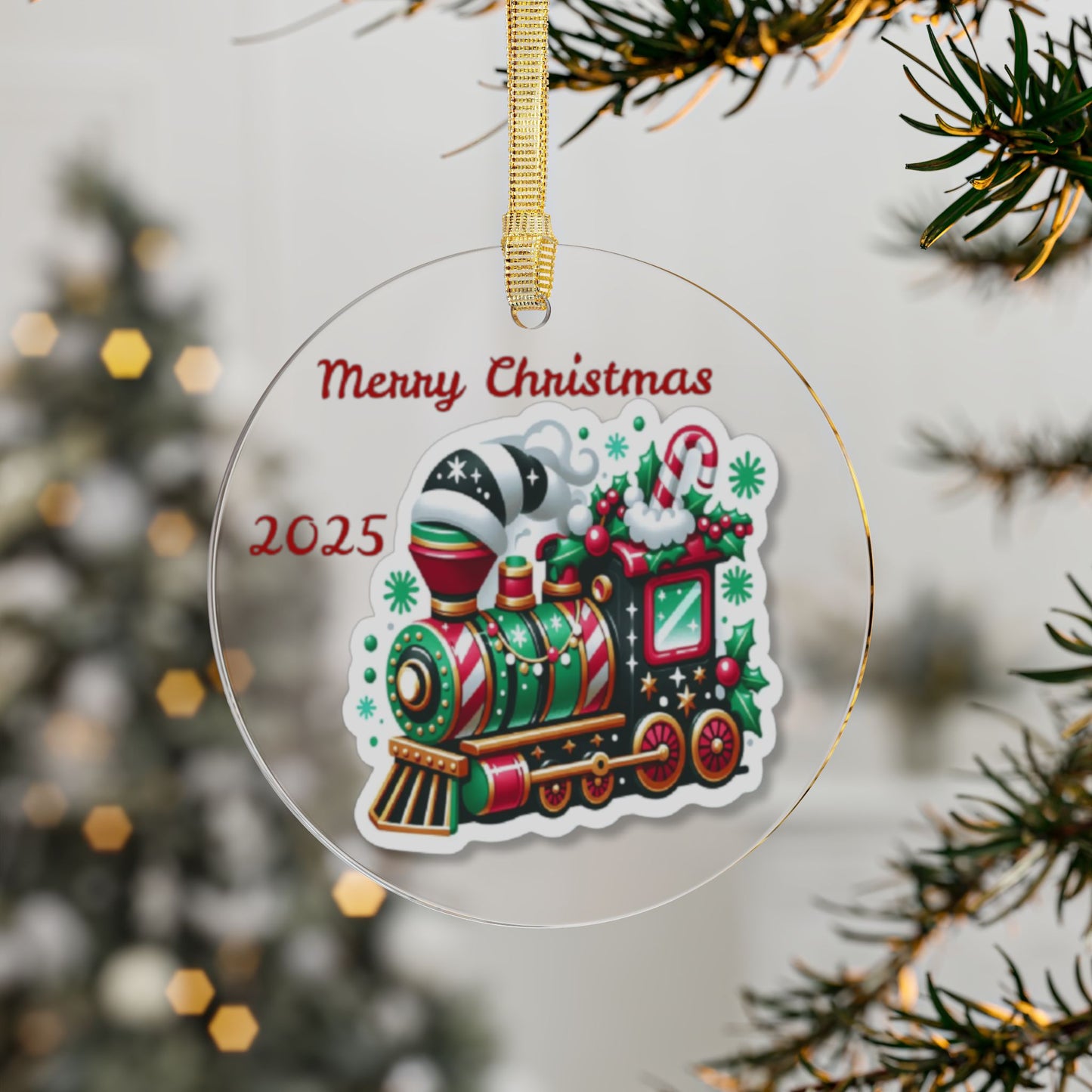 Christmas Train Acrylic Ornament — “Merry Christmas” Holiday Tree Decoration