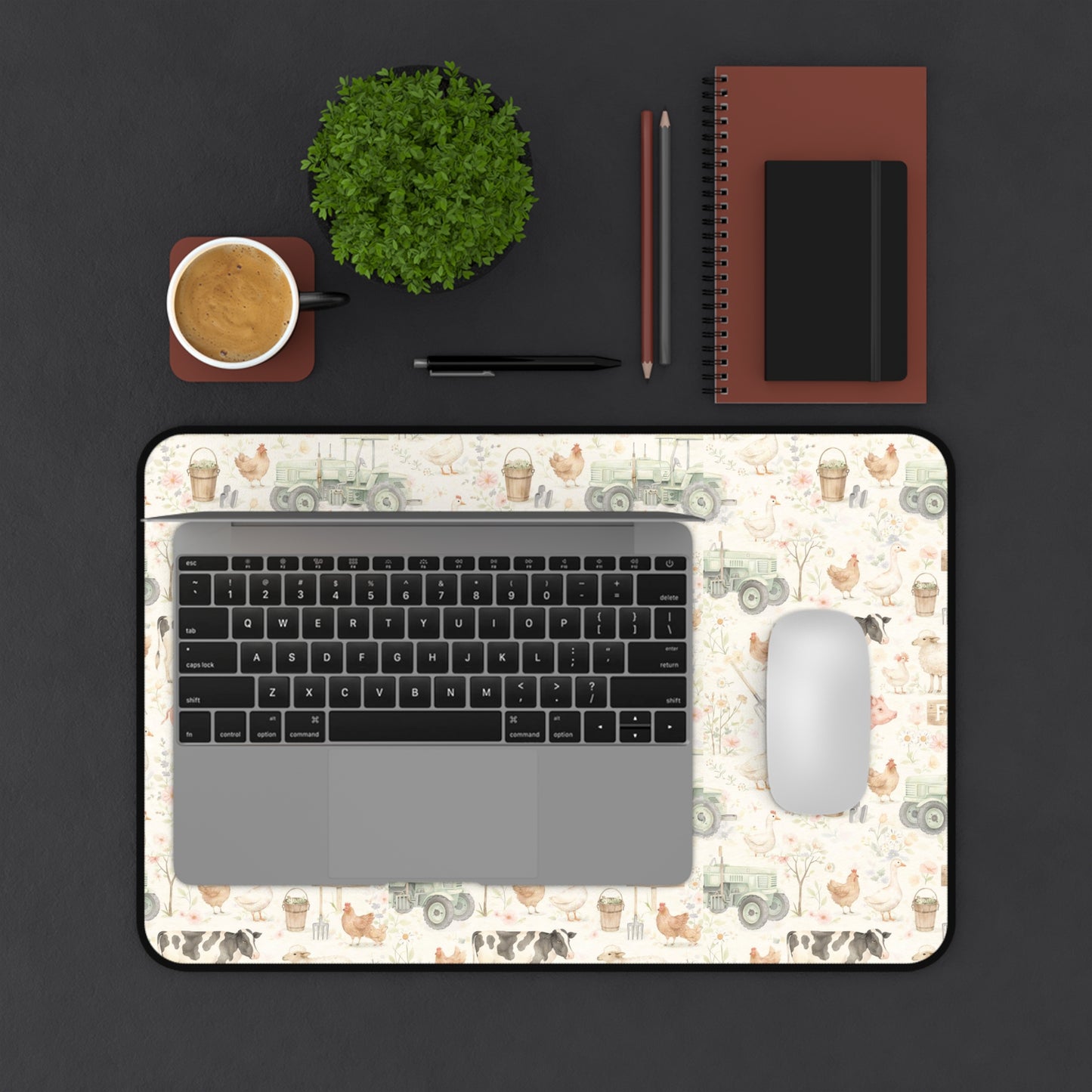 Farmhouse Animals Desk Mat — Vintage Tractor, Pig & Chicken Pattern