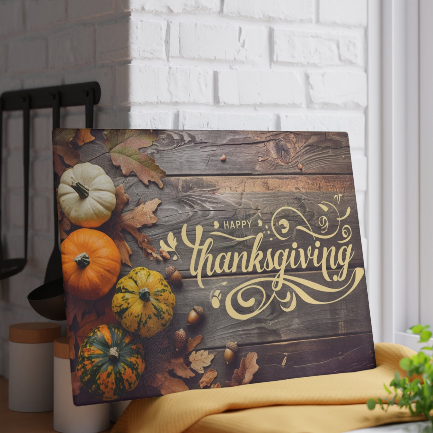 Thanksgiving Glass Cutting Board — Autumn Pumpkins & 'Happy Thanksgiving' Decorative Chopping Board