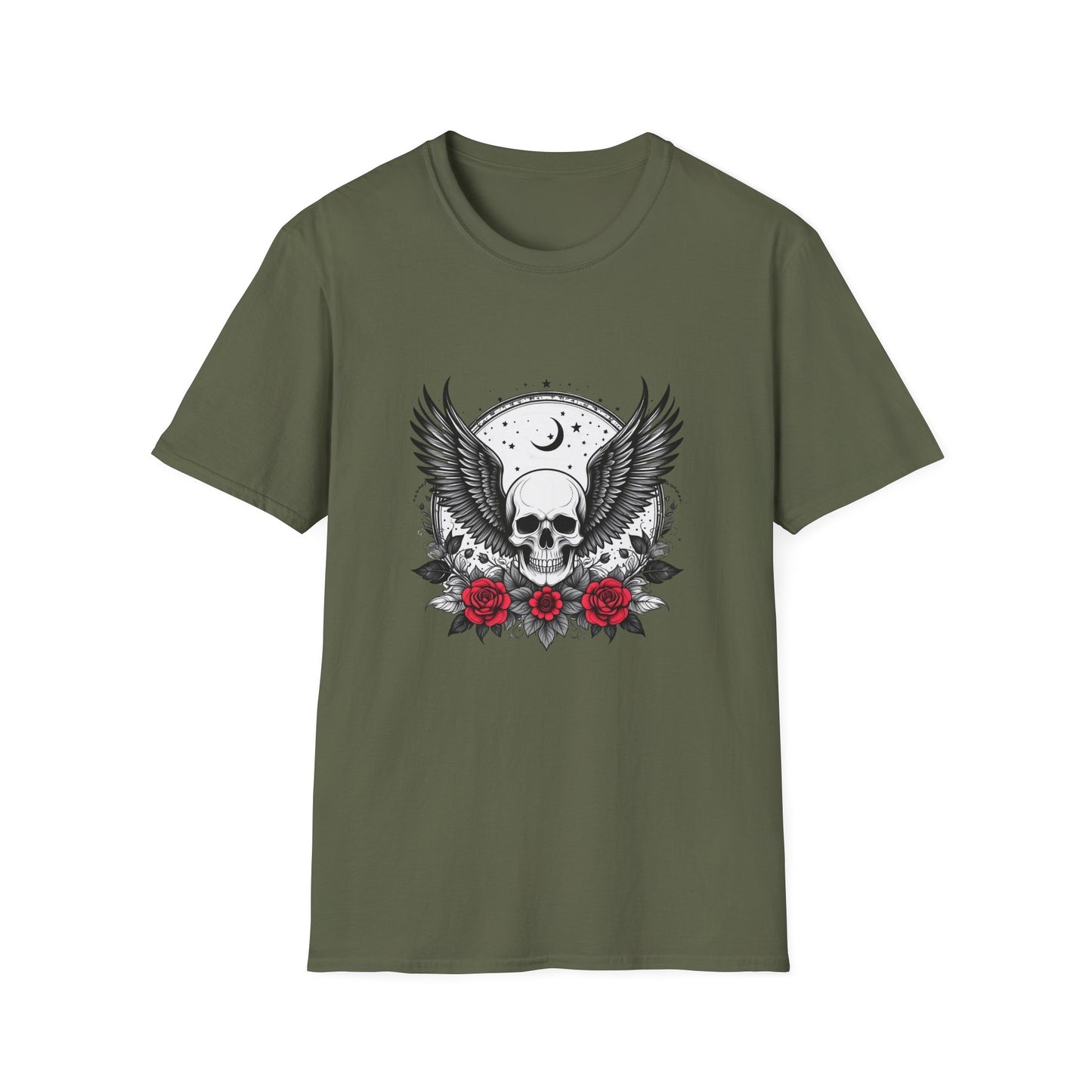 Skull Wings T‑Shirt – Crescent Moon & Red Roses Gothic Graphic Tee