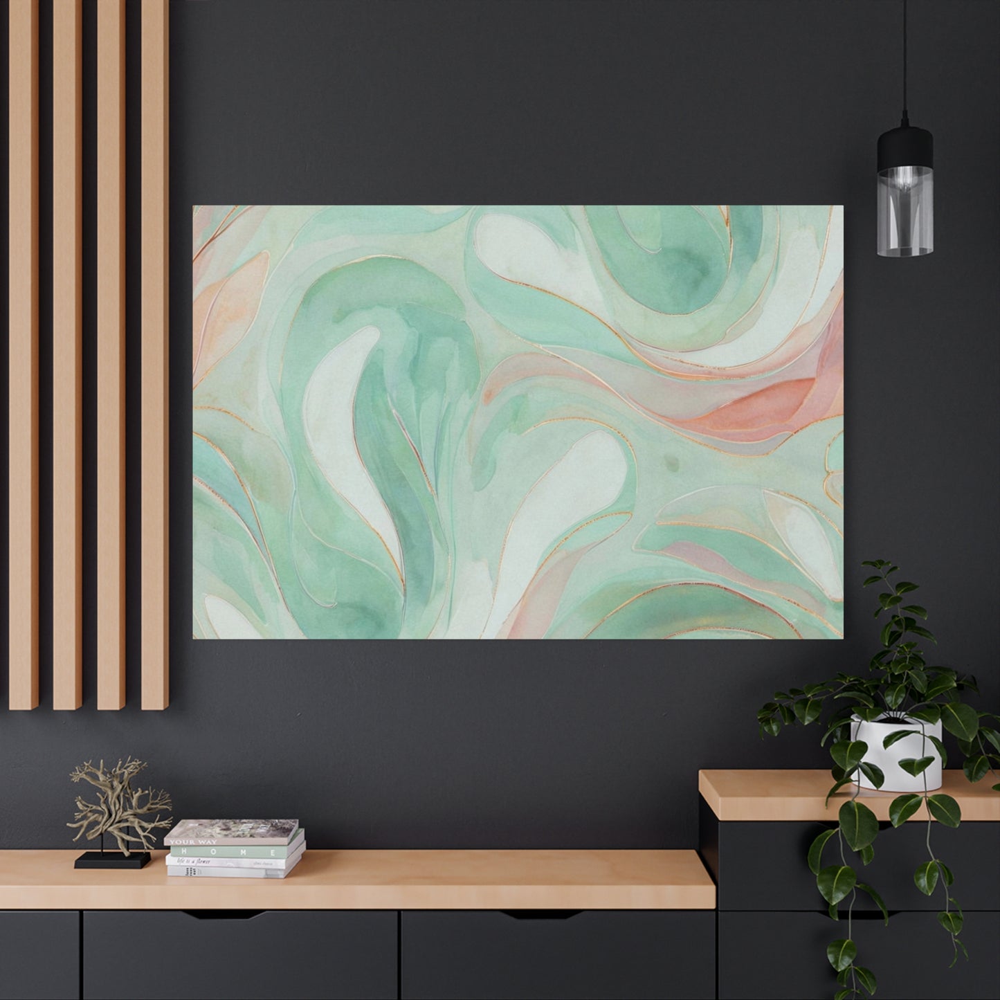 Abstract Green Marble Canvas Print — Teal & Coral Swirl Wall Art
