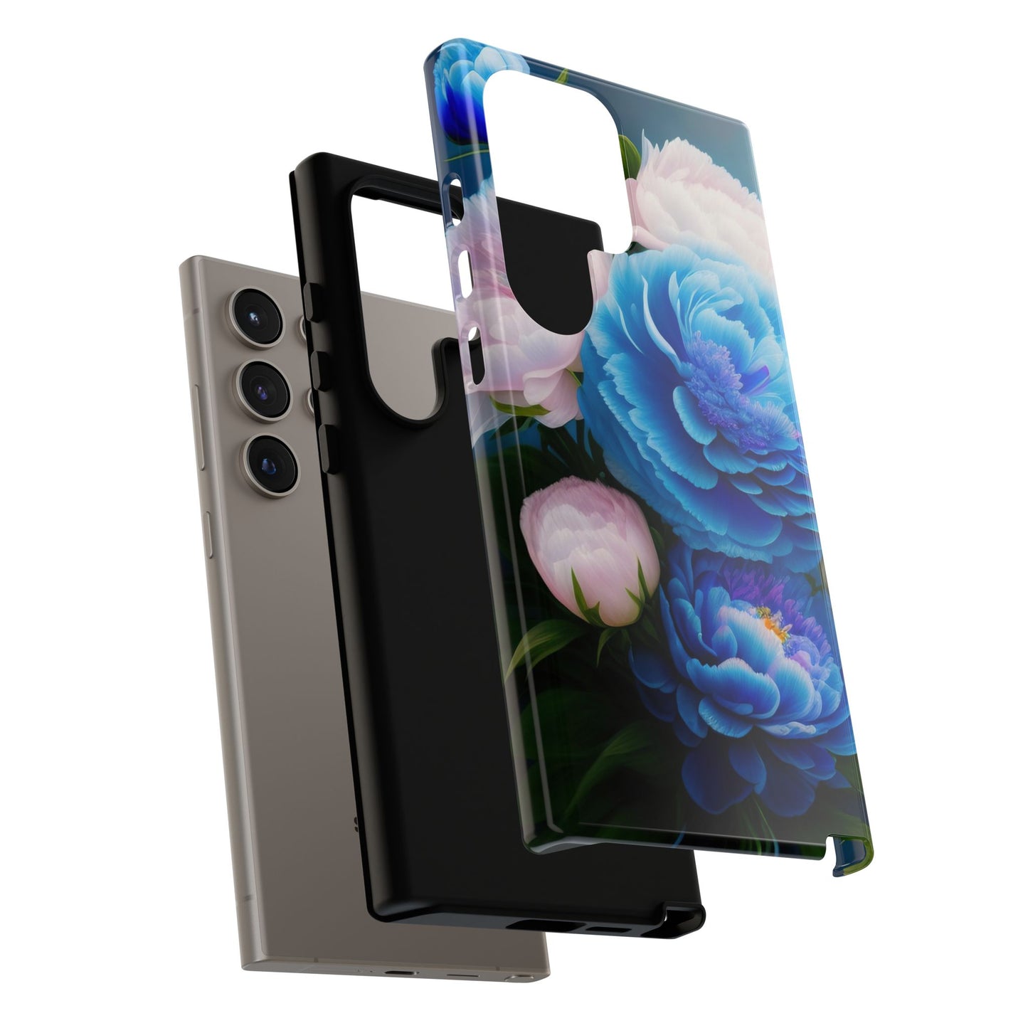 Floral Blue Peony Phone Case — Protective Tough Case with Pink & Blue Blooms