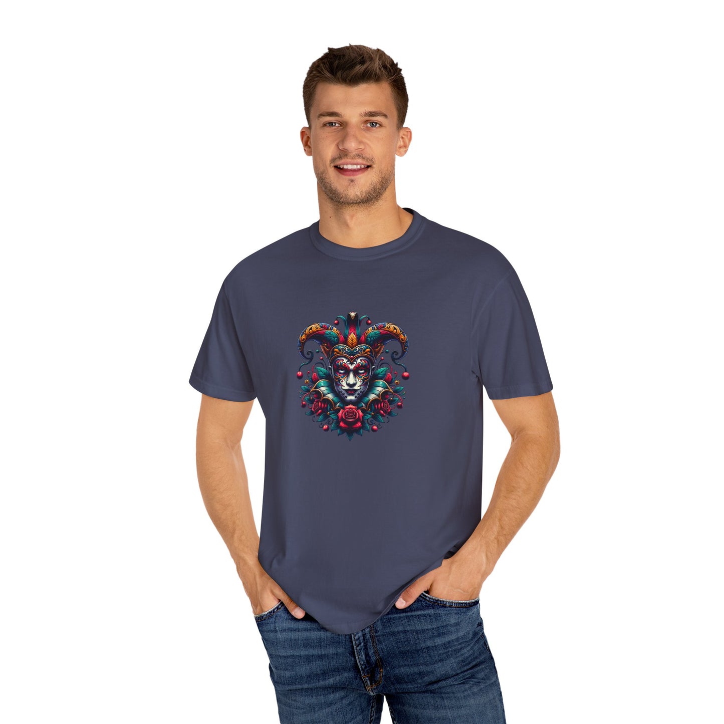 Vibrant Graphic Unisex T-Shirt with Floral Mask Design, Casual Wear, Festival Outfit, Gift for Friends, Unique Fashion Statement