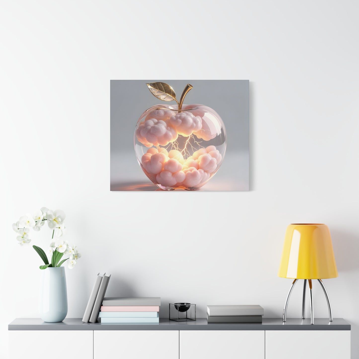 Surreal Glass Apple Canvas – Lightning & Pink Clouds Wall Art