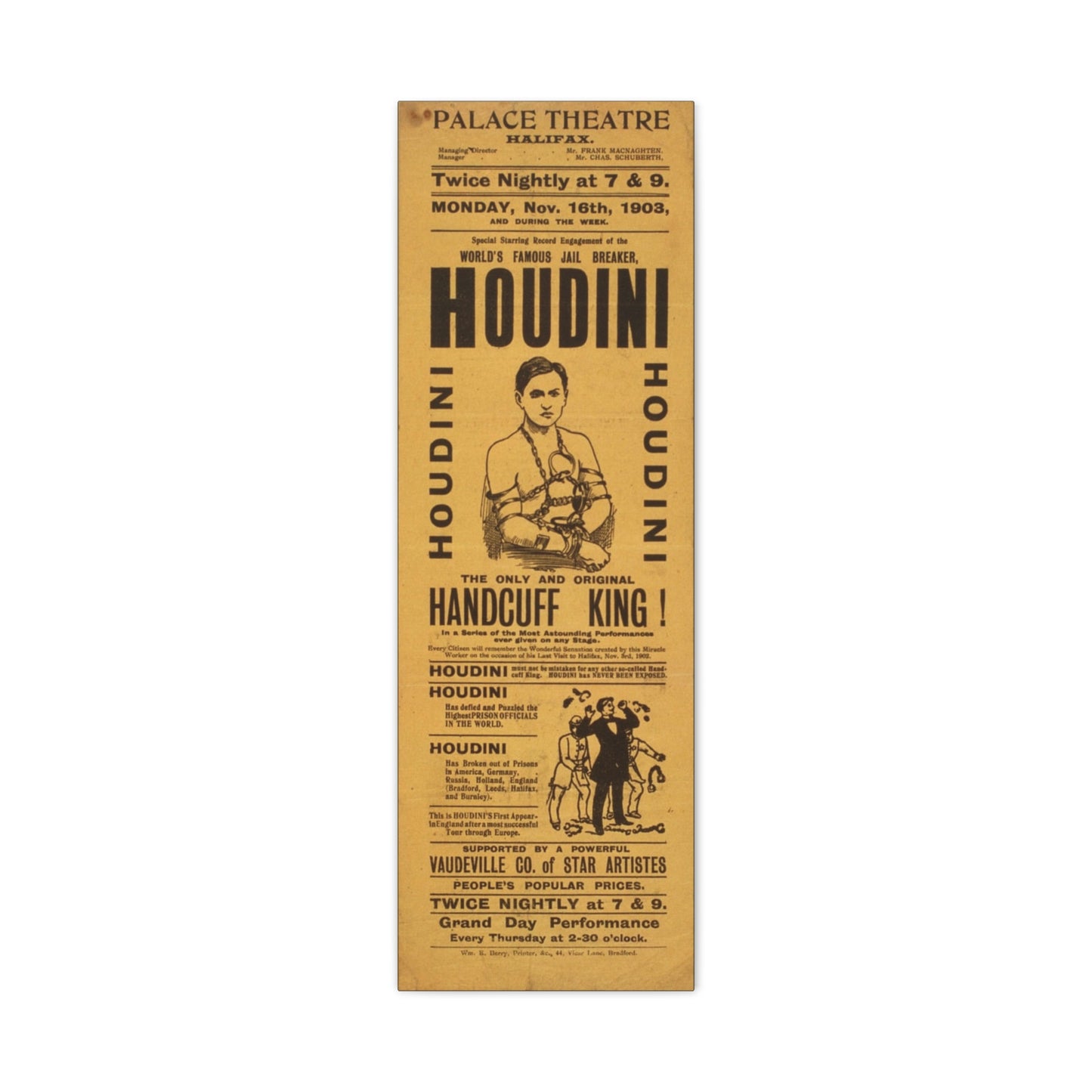 Houdini Vintage Poster Matte Canvas Wall Art (Stretched 1.25")