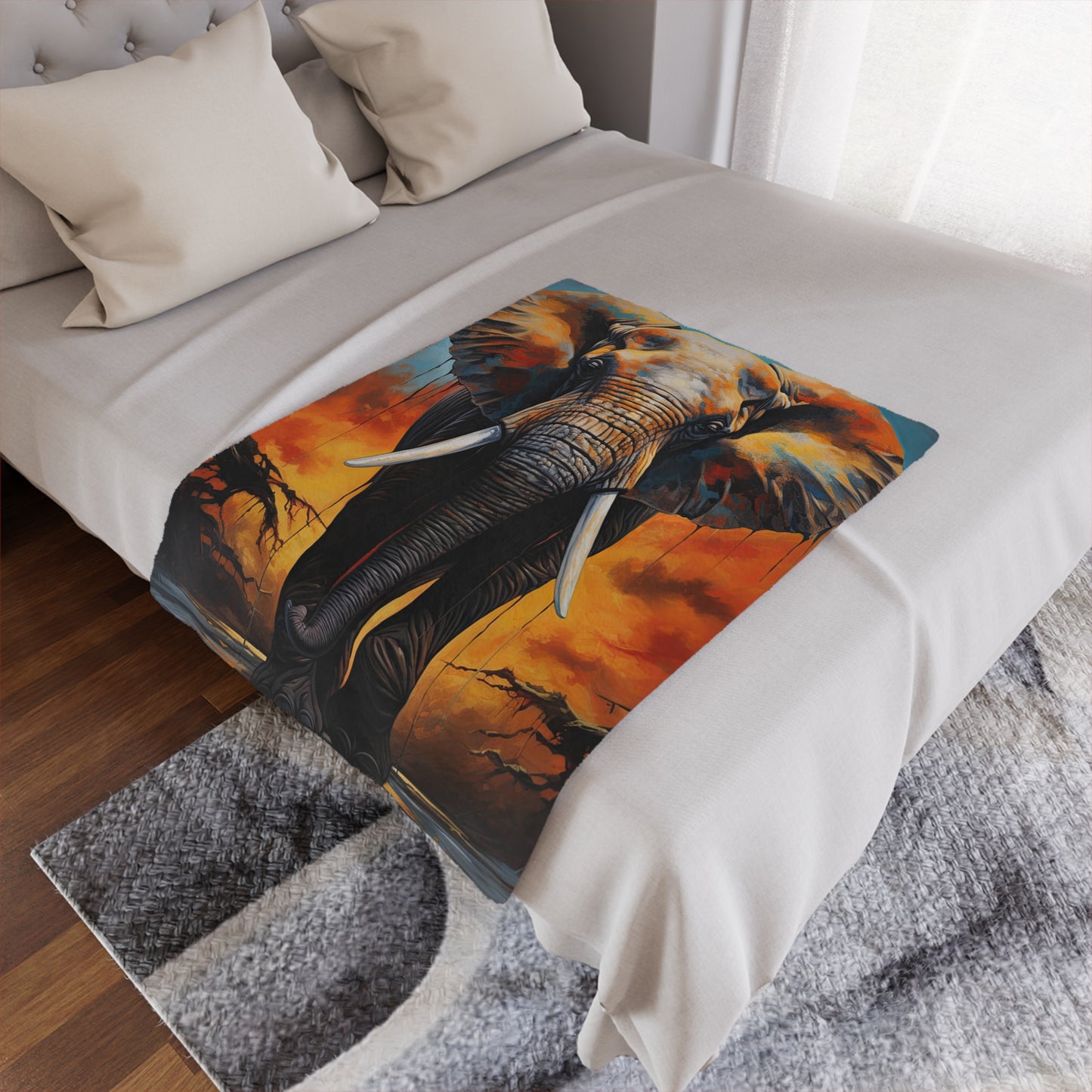 Elephant Sunset Minky Blanket — Soft Wildlife Throw for Home, Cozy Safari Décor