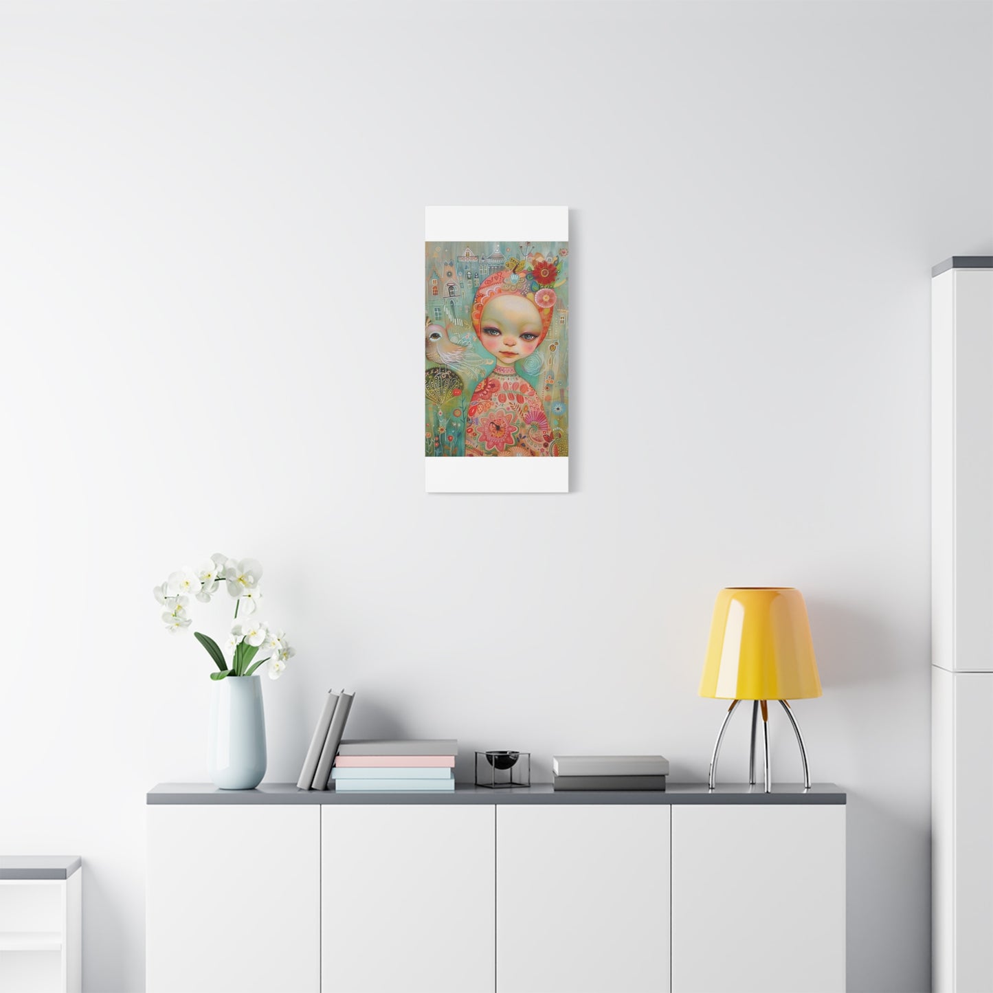 Whimsical Girl & Bird Matte Canvas Wall Art — Stretched Decorative Painting