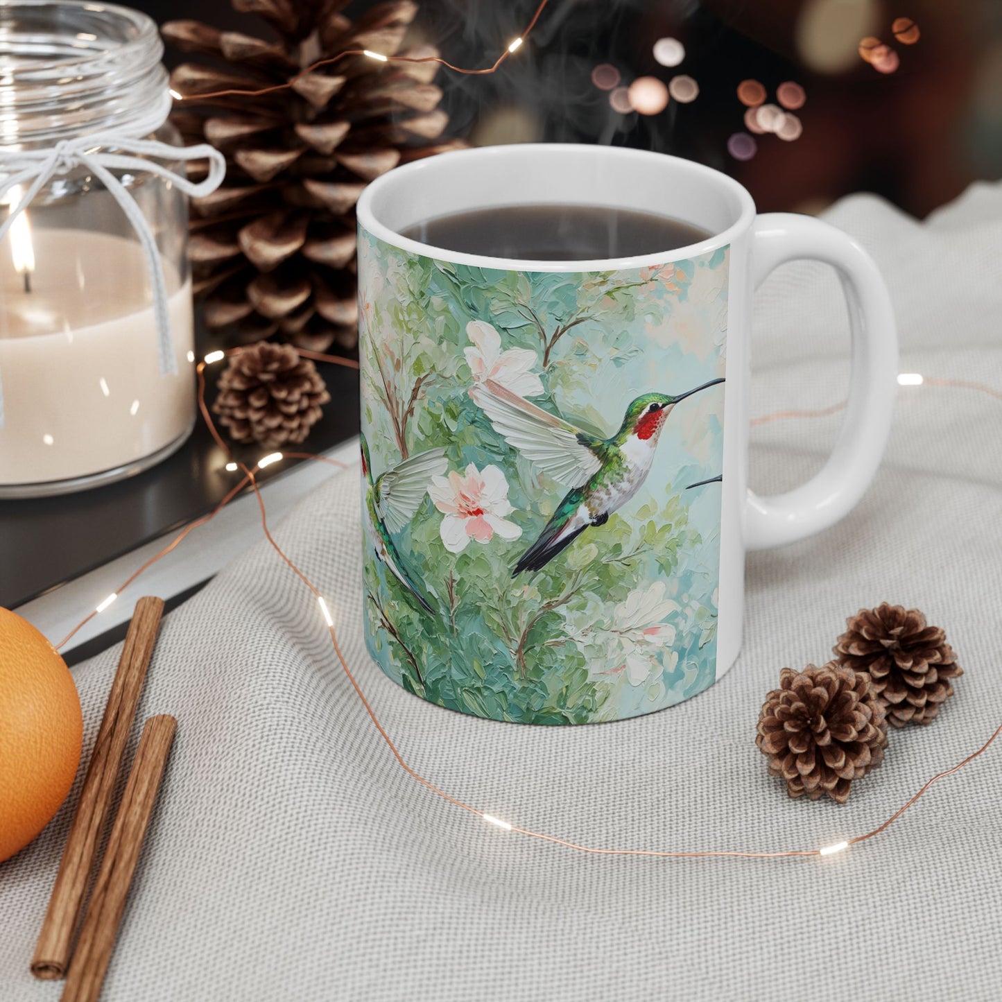 Hummingbird Floral Ceramic Mug — Watercolor Birds Coffee Cup (11oz & 15oz)