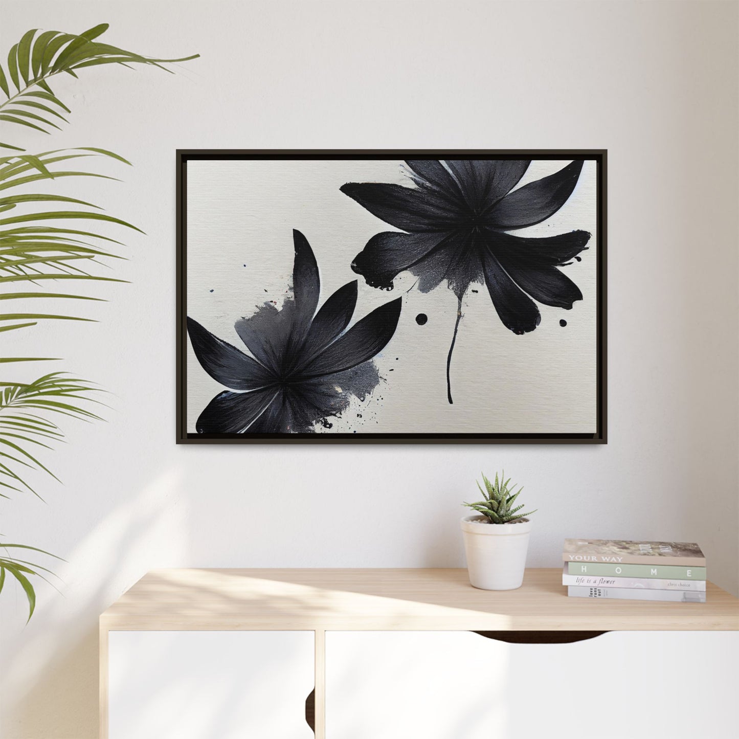 Framed Black Floral Matte Canvas Wall Art — Monochrome Botanical Print