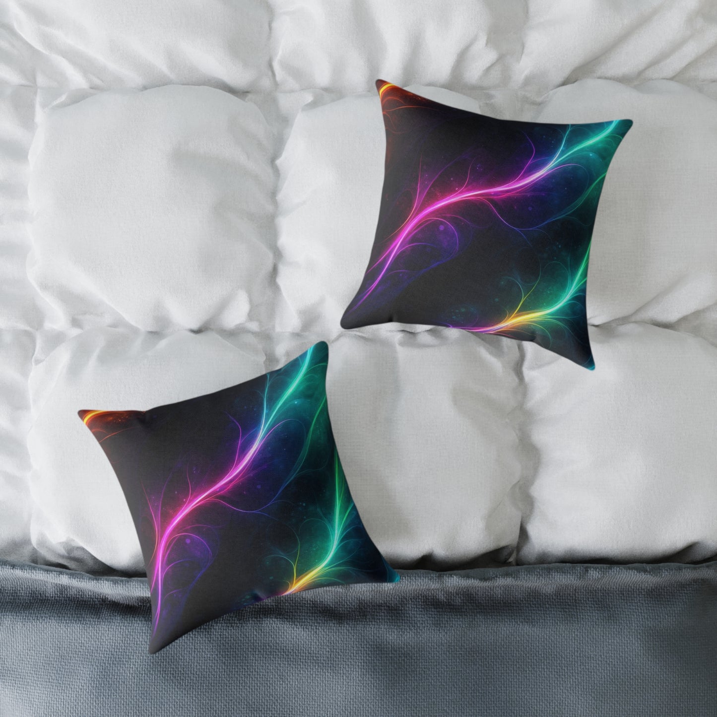 Neon Aurora Abstract Square Pillow — Vibrant Cosmic Decorative Throw Pillow