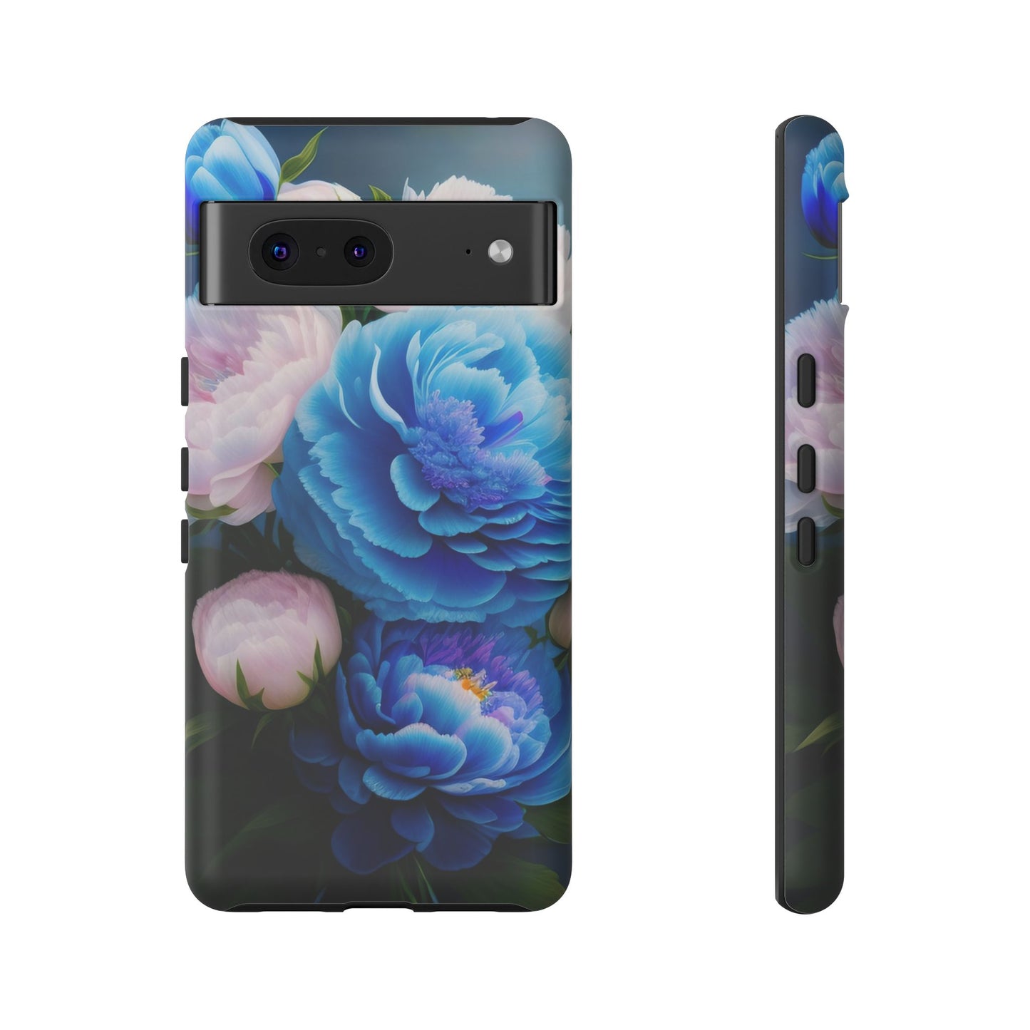 Floral Blue Peony Phone Case — Protective Tough Case with Pink & Blue Blooms