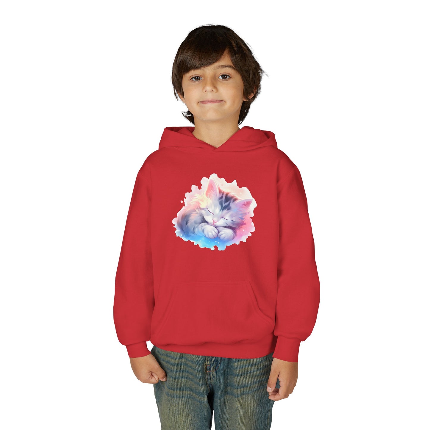 Kids' Cozy Rainbow Kitten Hoodie — Cute Sleeping Cat Youth Sweatshirt