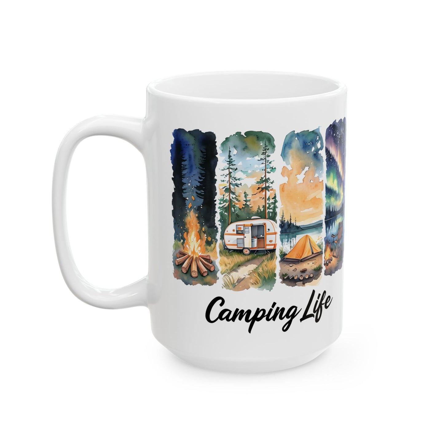 Camping Life Ceramic Mug — Scenic Campfire & Northern Lights Coffee Cup (11oz/15oz)